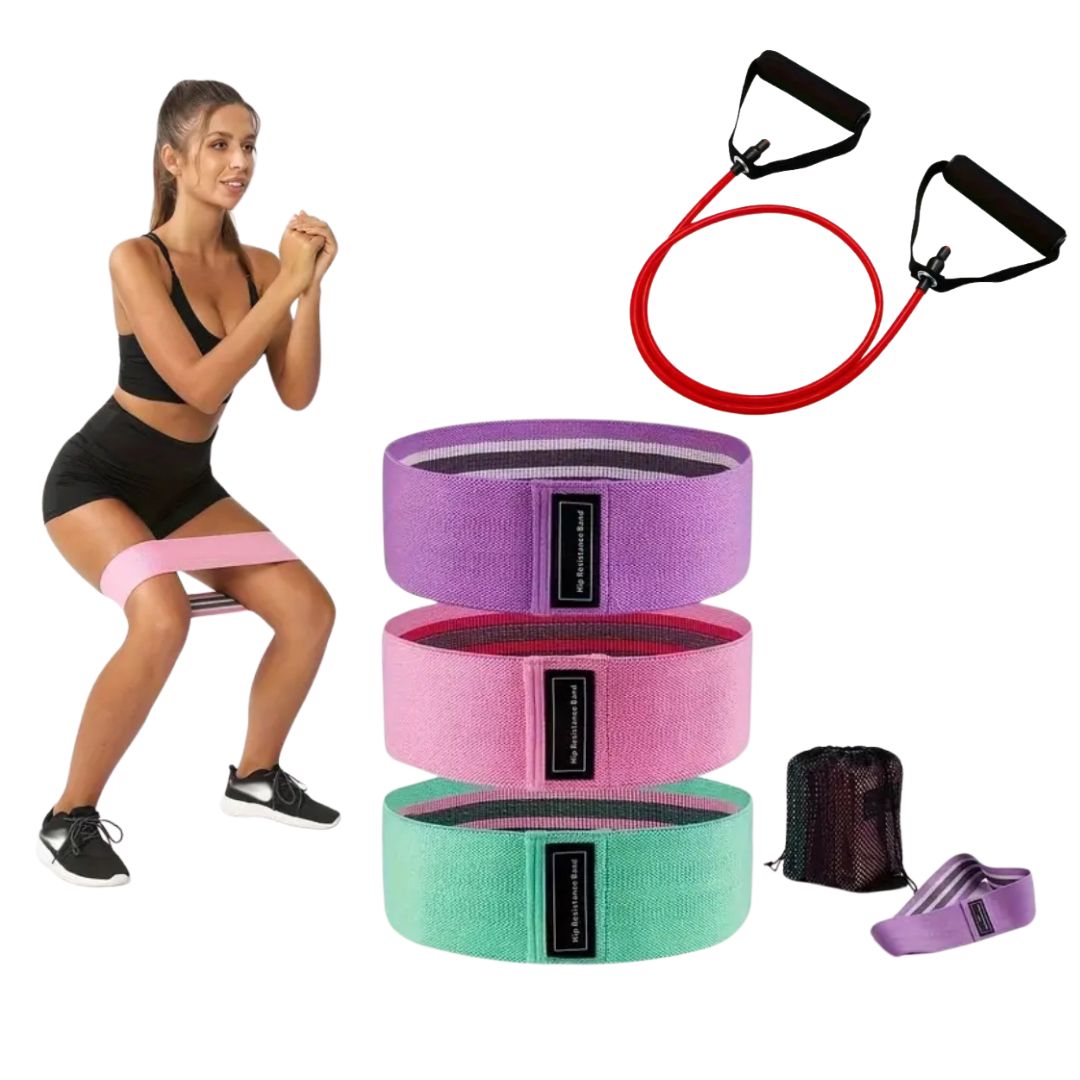 TOTAL BODY RESISTANCE BUNDLE - Fabric Resistance Band (3 Sets) + Resistance Band with Handle Bundle
