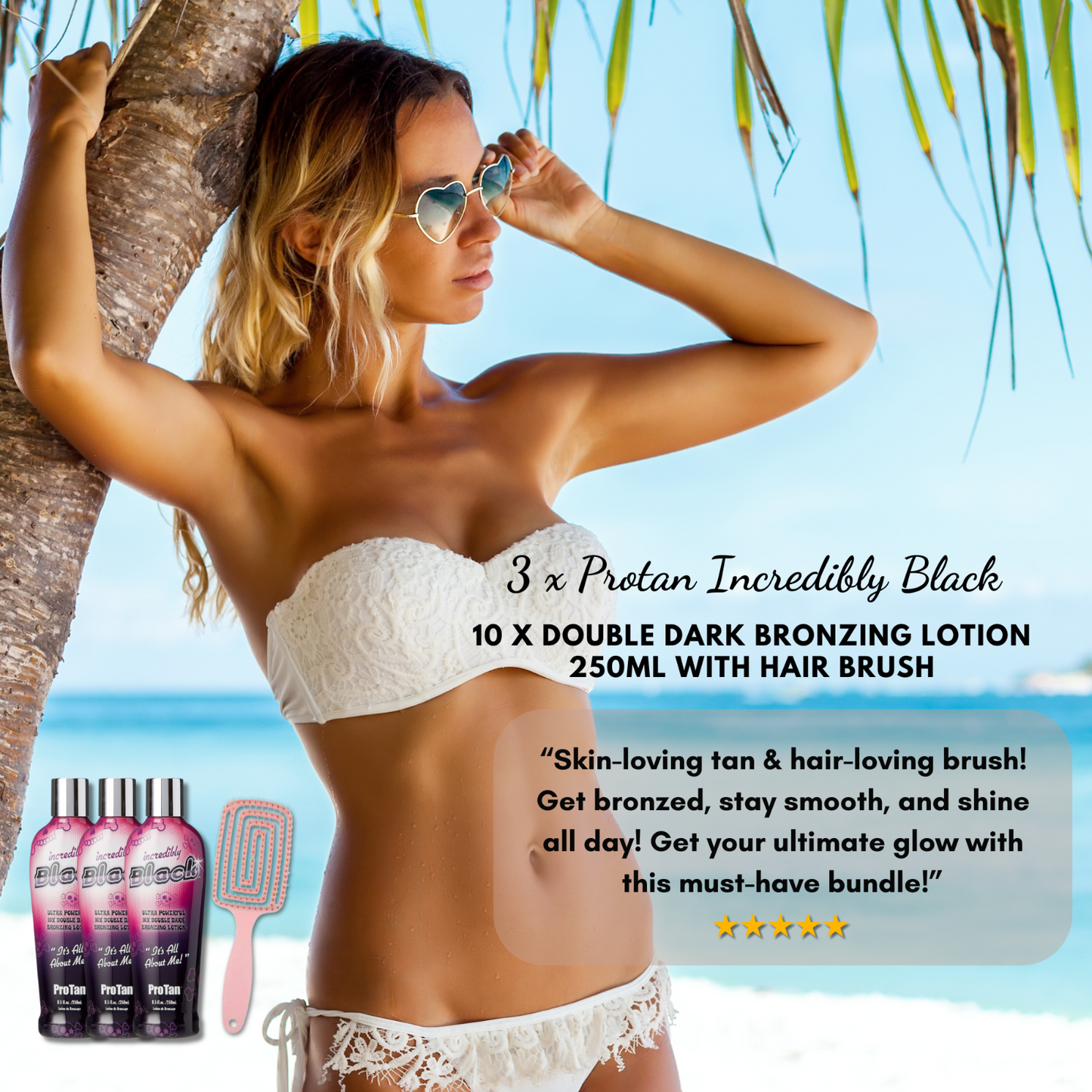 3 x Pro Tan Incredibly Black 10X Double Dark Bronzing Lotion 250ml + Hair Brush
