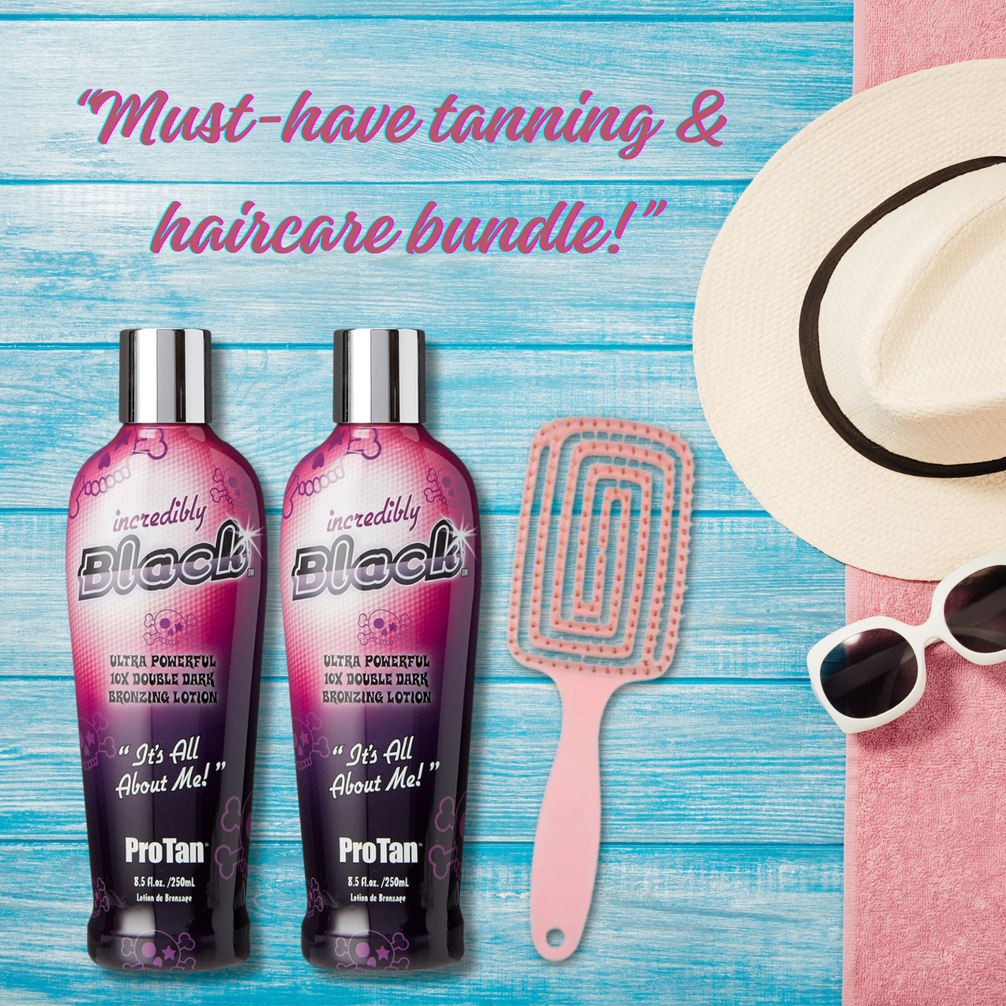 2 x Pro Tan Incredibly Black 10X Double Dark Bronzing Lotion 250ml + Hair Brush