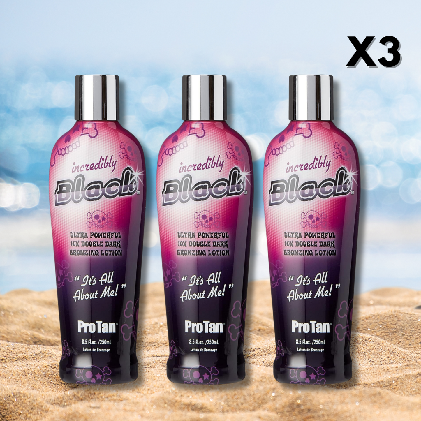 3 x Pro Tan Incredibly Black 10X Double Dark Bronzing Lotion 250ml + Goggles
