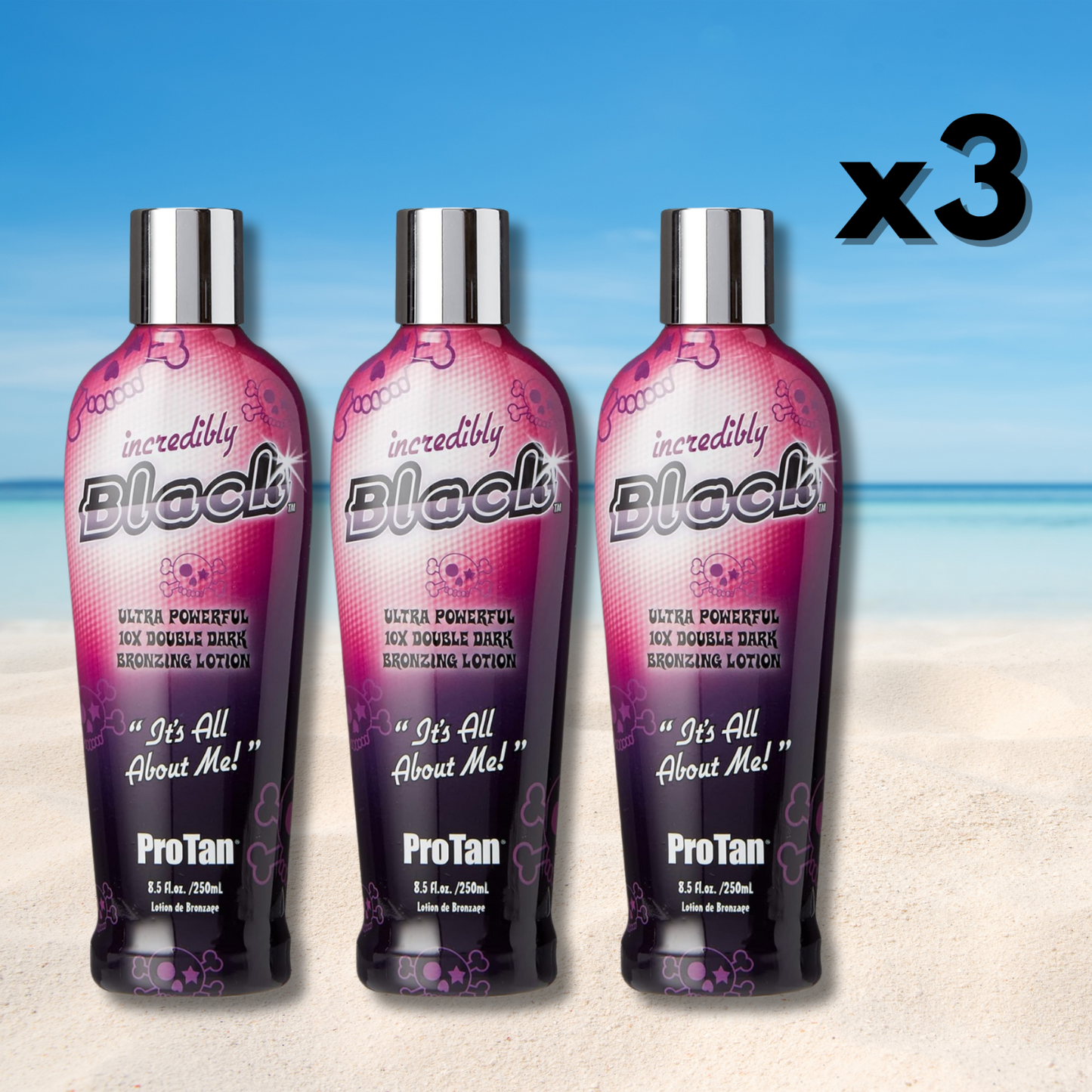 3 x Pro Tan Incredibly Black 10X Double Dark Bronzing Lotion 250ml + Hair Brush