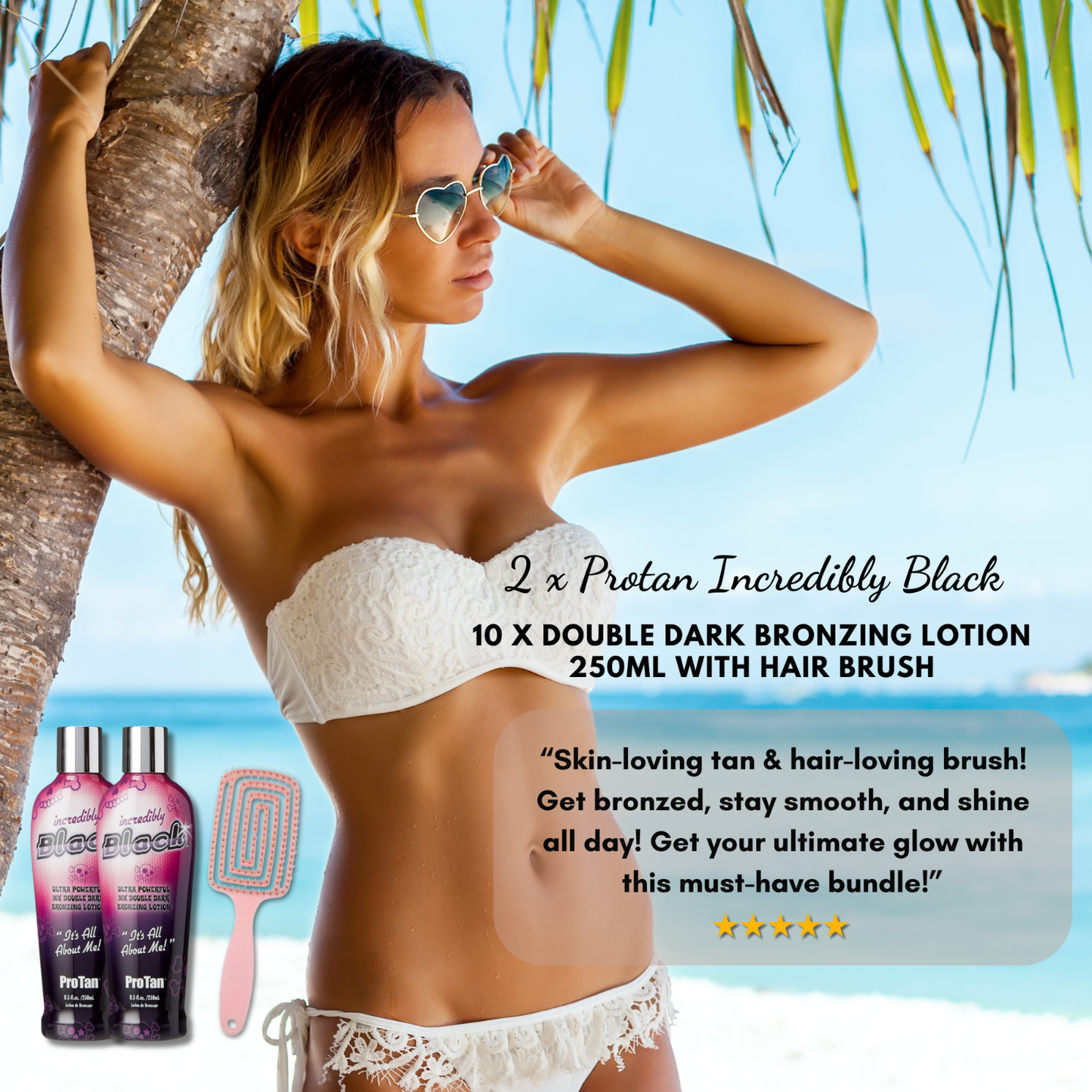 2 x Pro Tan Incredibly Black 10X Double Dark Bronzing Lotion 250ml + Hair Brush