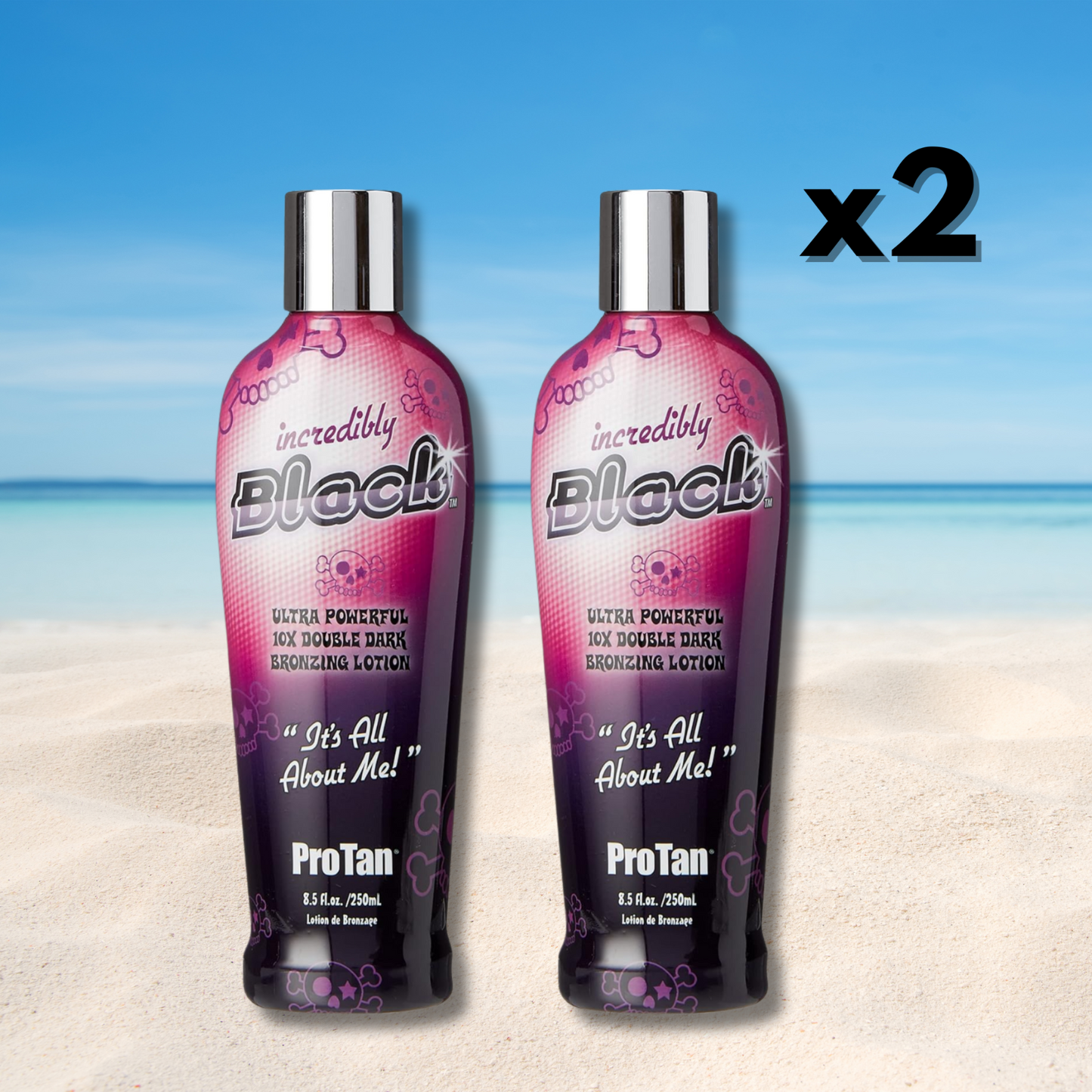 2 x Pro Tan Incredibly Black 10X Double Dark Bronzing Lotion 250ml + Hair Brush