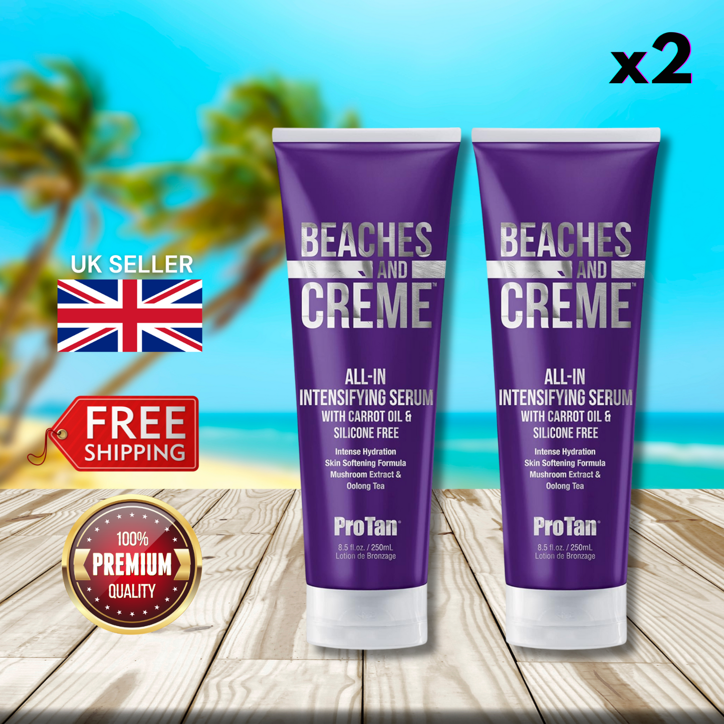 2 x Pro Tan Beaches and Creme All-In Intensifying Serum 250ml - Deep Tanning!
