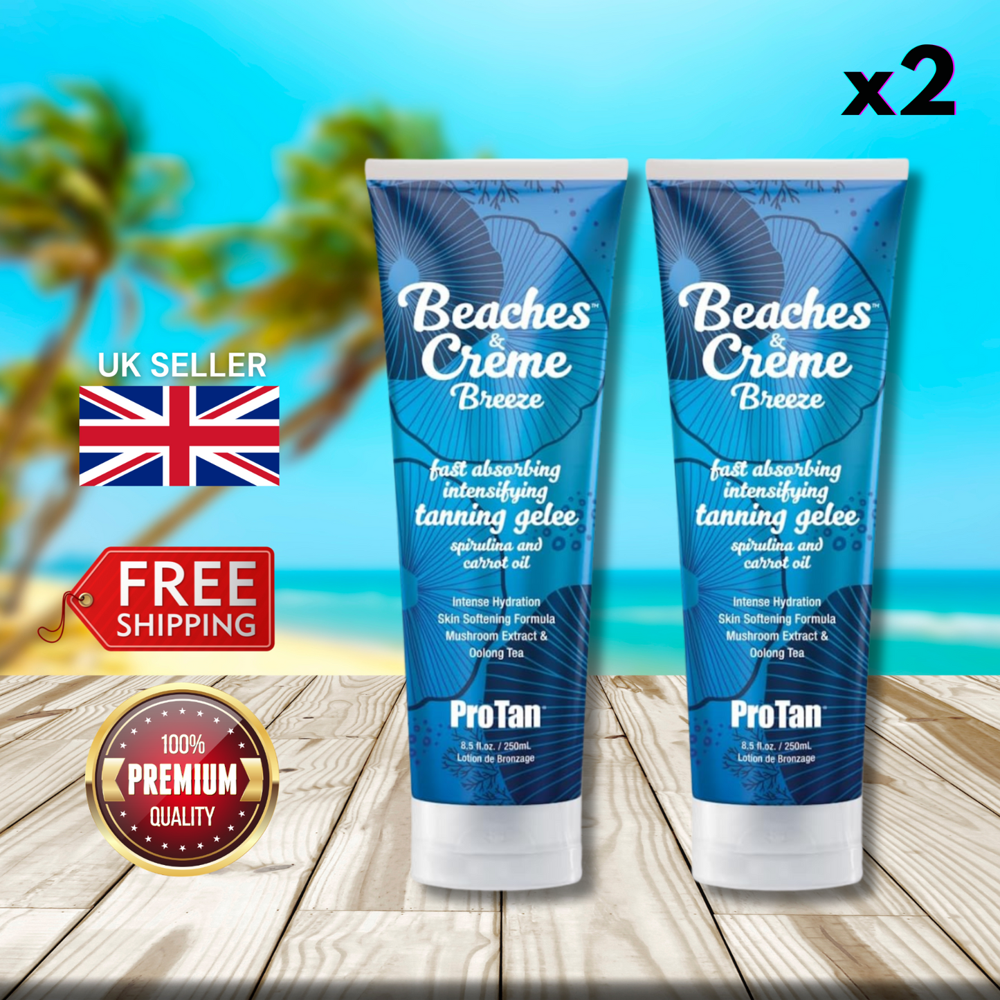2 x Pro Tan Beaches and Creme Breeze Fast Absorbing Intensifying Tanning 250ml