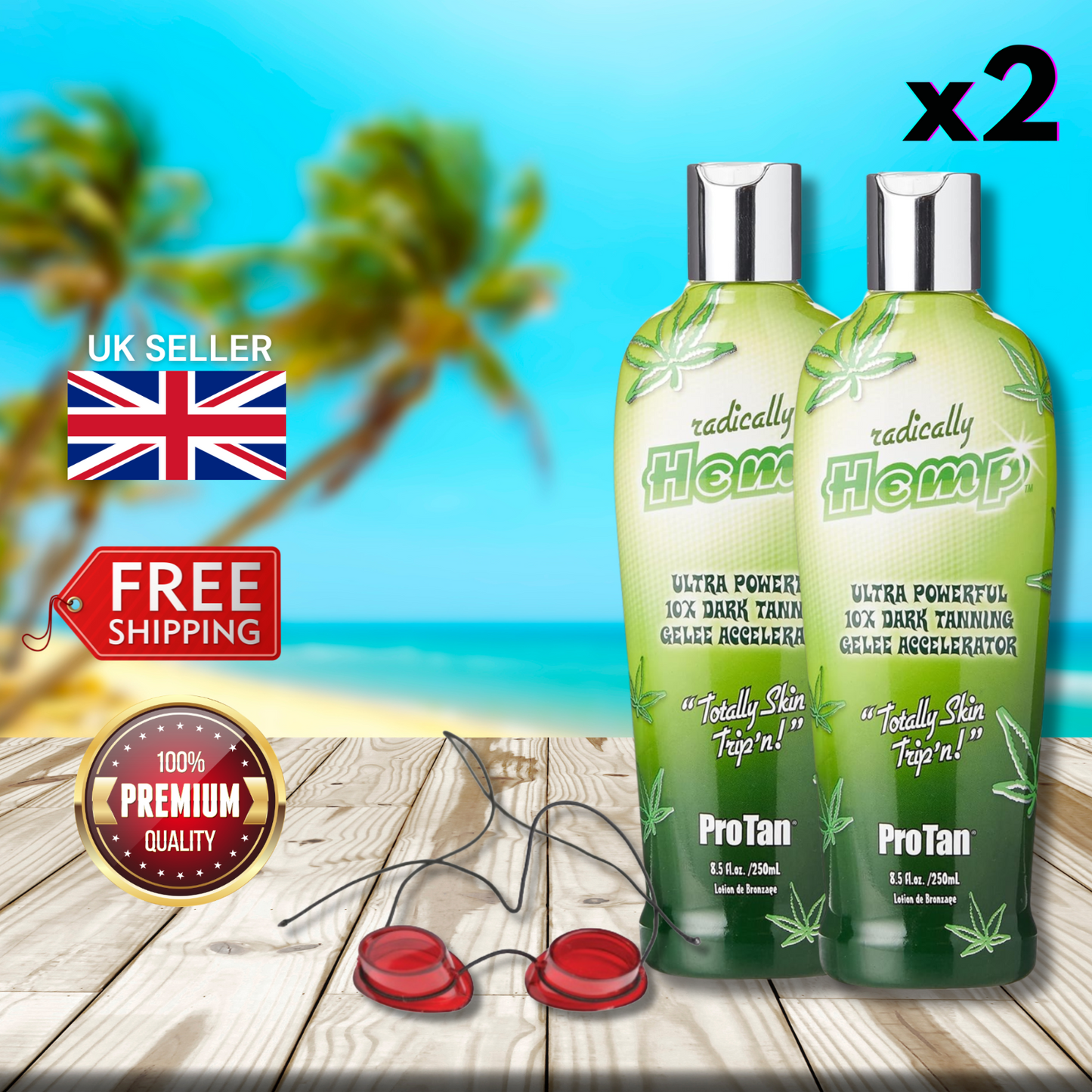 2 x Pro Tan Radically Hemp 10X Dark Tanning Gelee Lotion + Sunbed Goggles