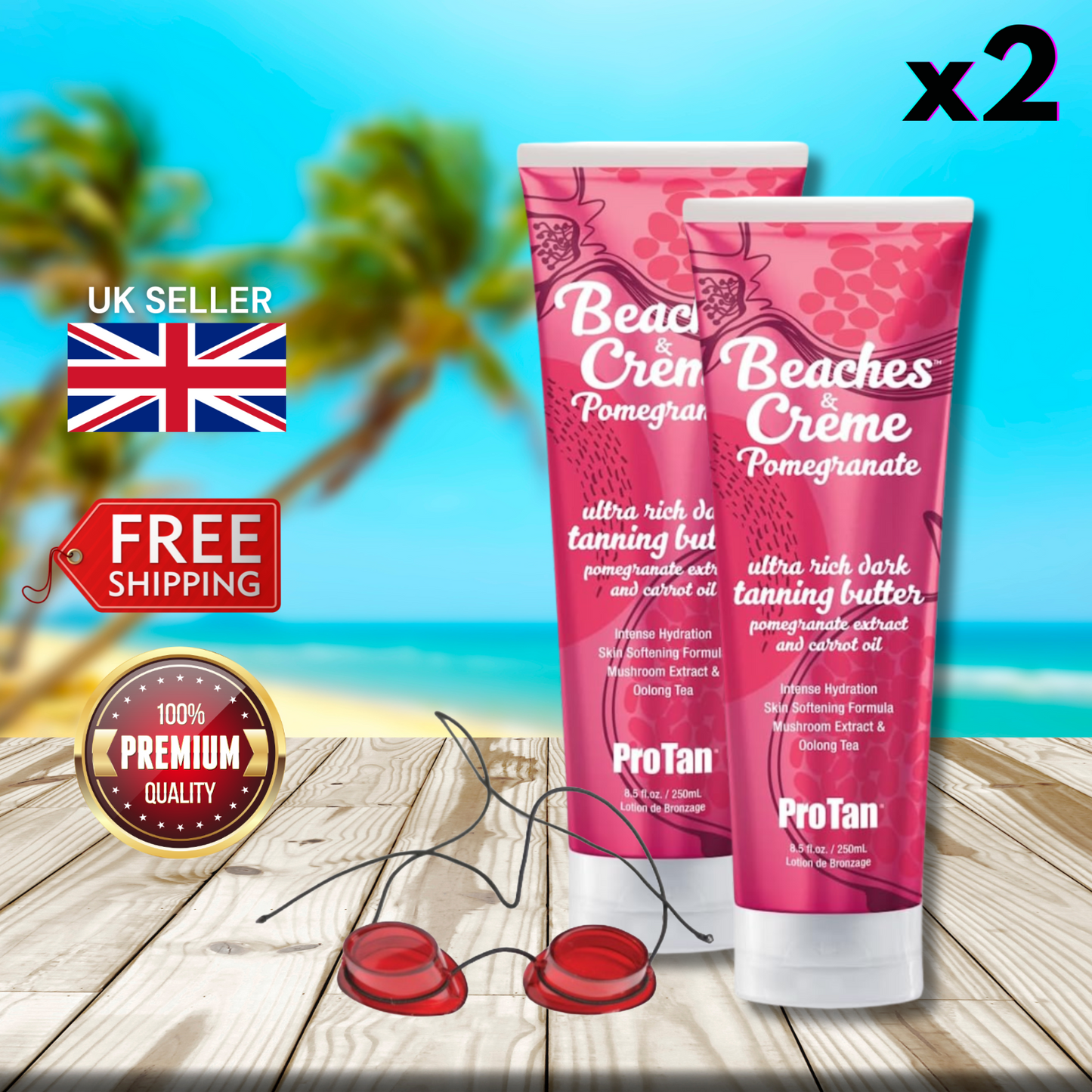 2 x Pro Tan Beaches and Creme Ultra Rich Natural bronzing Butter 250ml + Goggles