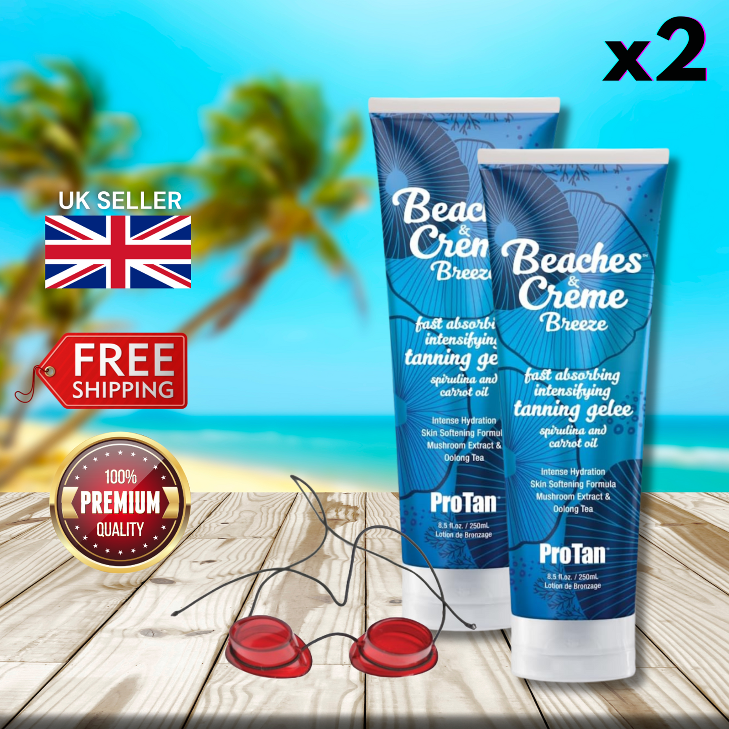 2 x Pro Tan Beaches and Creme Breeze Fast Absorbing Tanning 250ml + Goggles