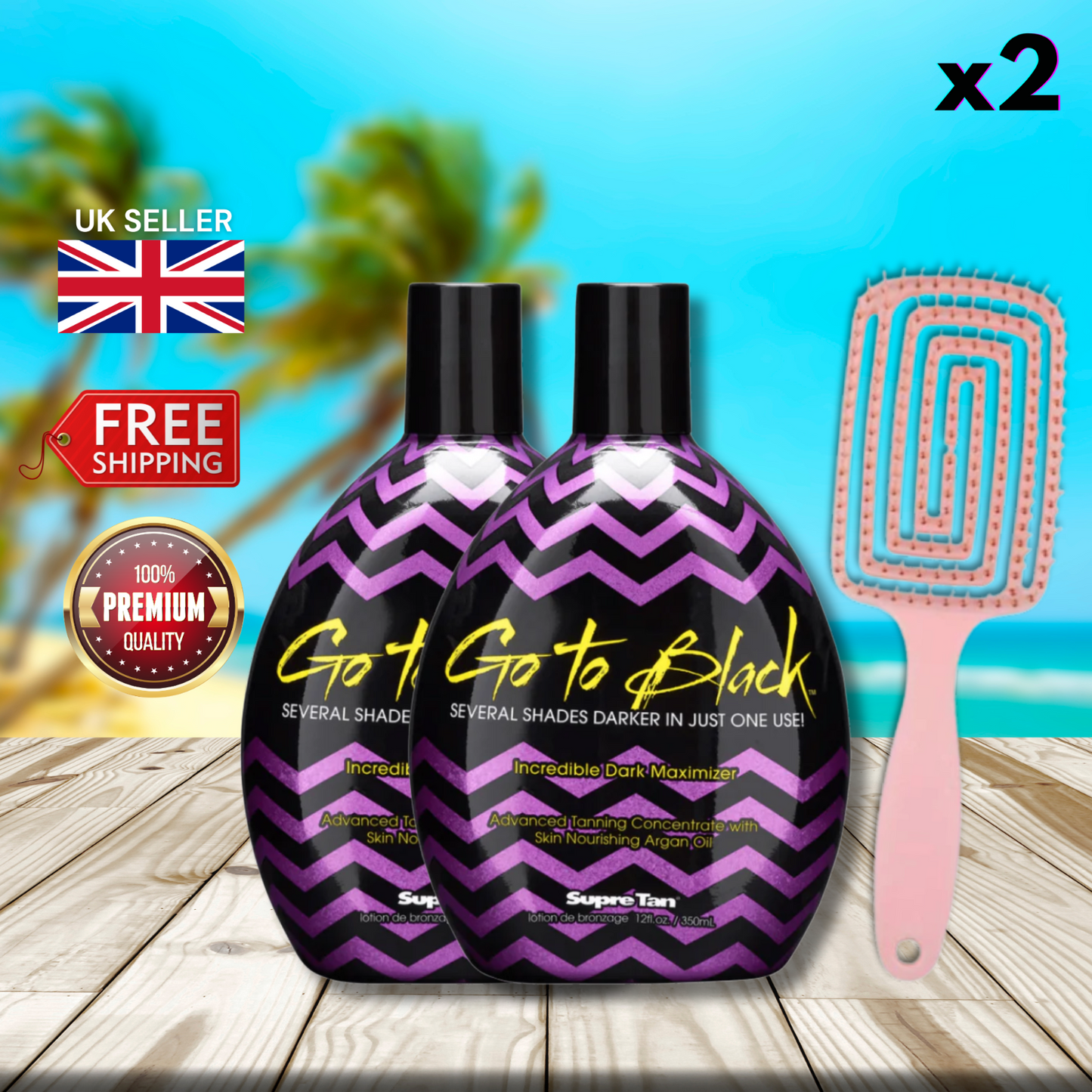 2 x Supre Tan Go To Black Incredible Dark Maximizer 350ml + Hair Brush