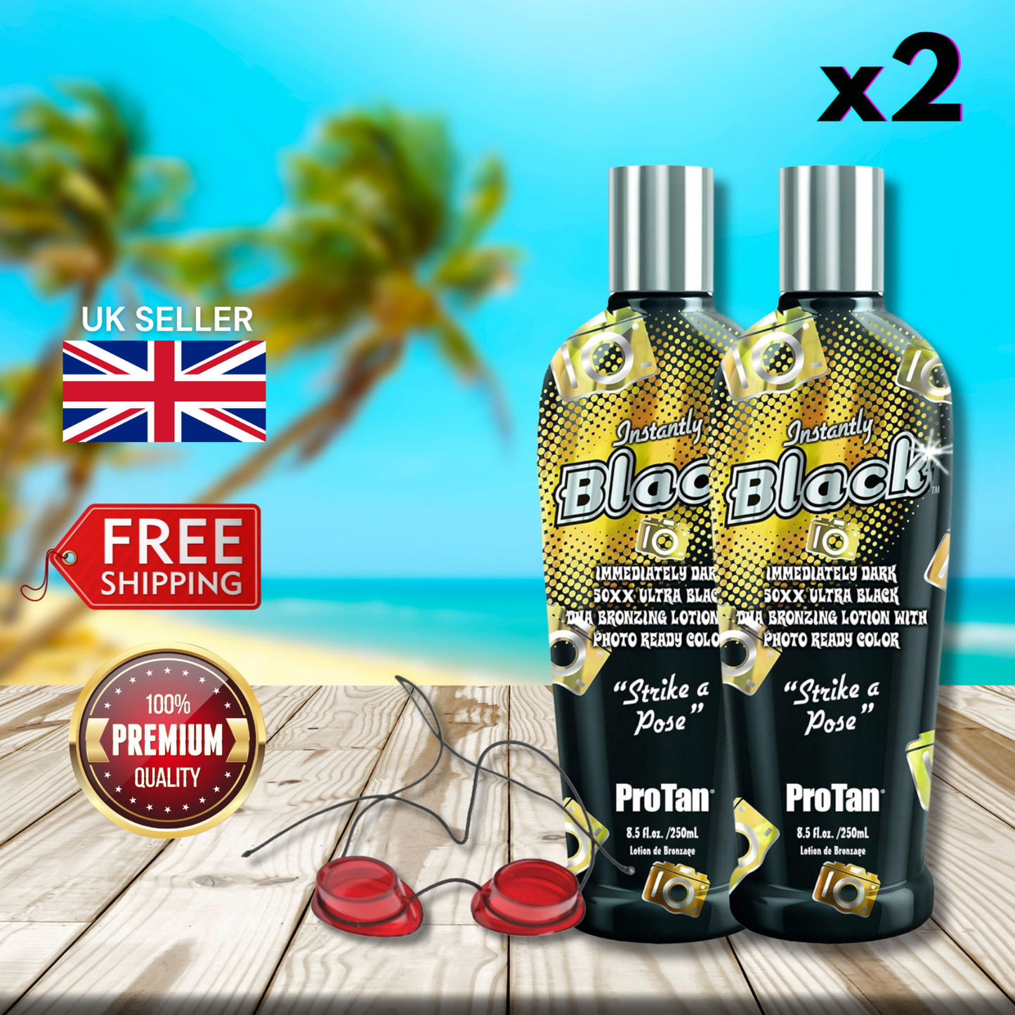 2 x Pro Tan Instantly Black 50XX Ultra Black Bronzing Lotion 250ml + Goggles