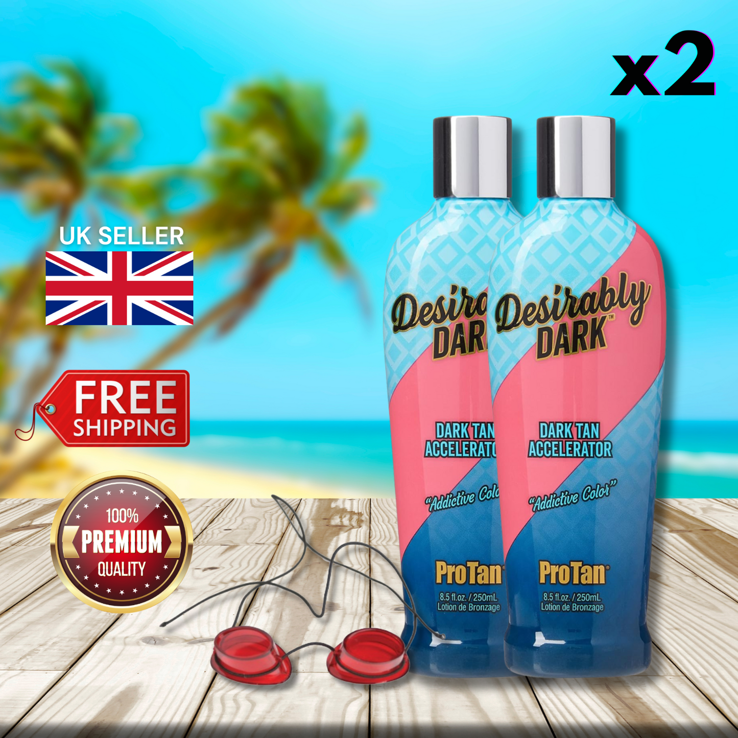 2 x Pro Tan Desirably Dark Tanning Accelerator 250ml + Sunbed Goggles