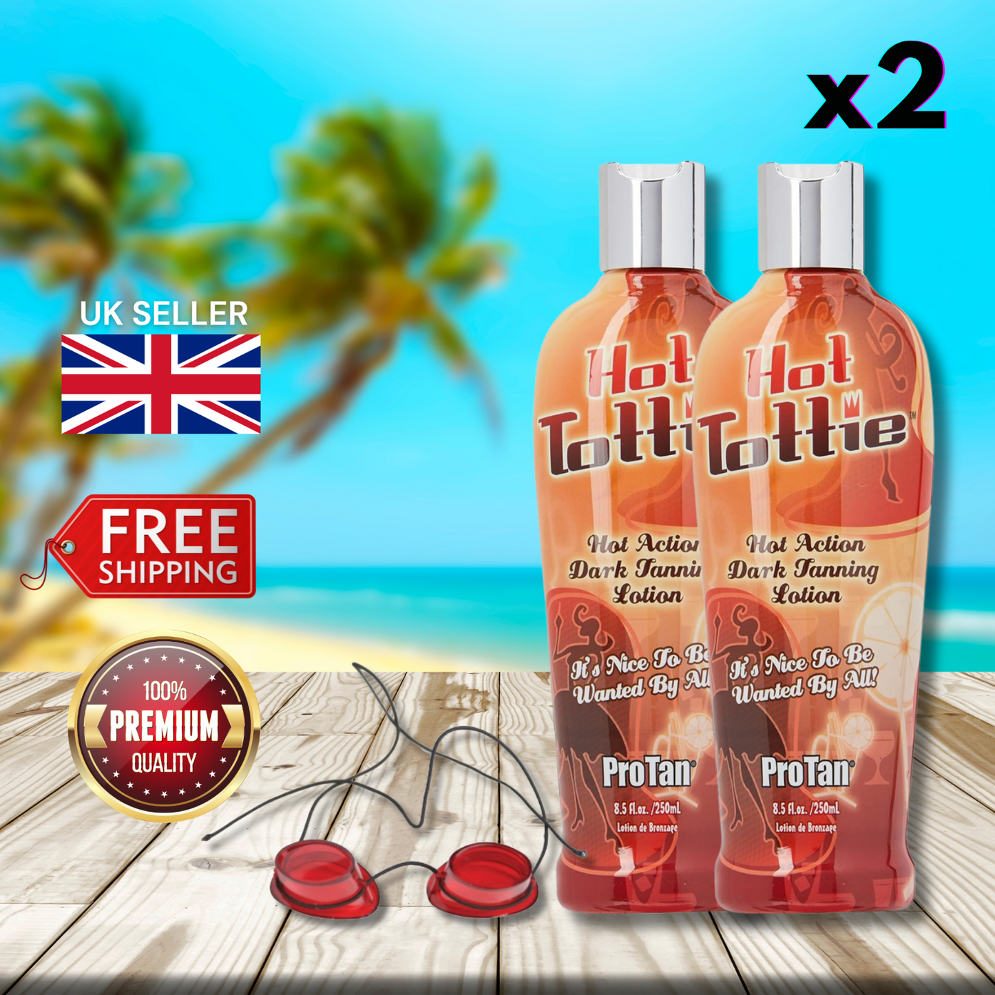 2 x Pro Tan Hot Tottie Hot Action Dark Tanning Lotion 250 ml + Sunbed Goggles