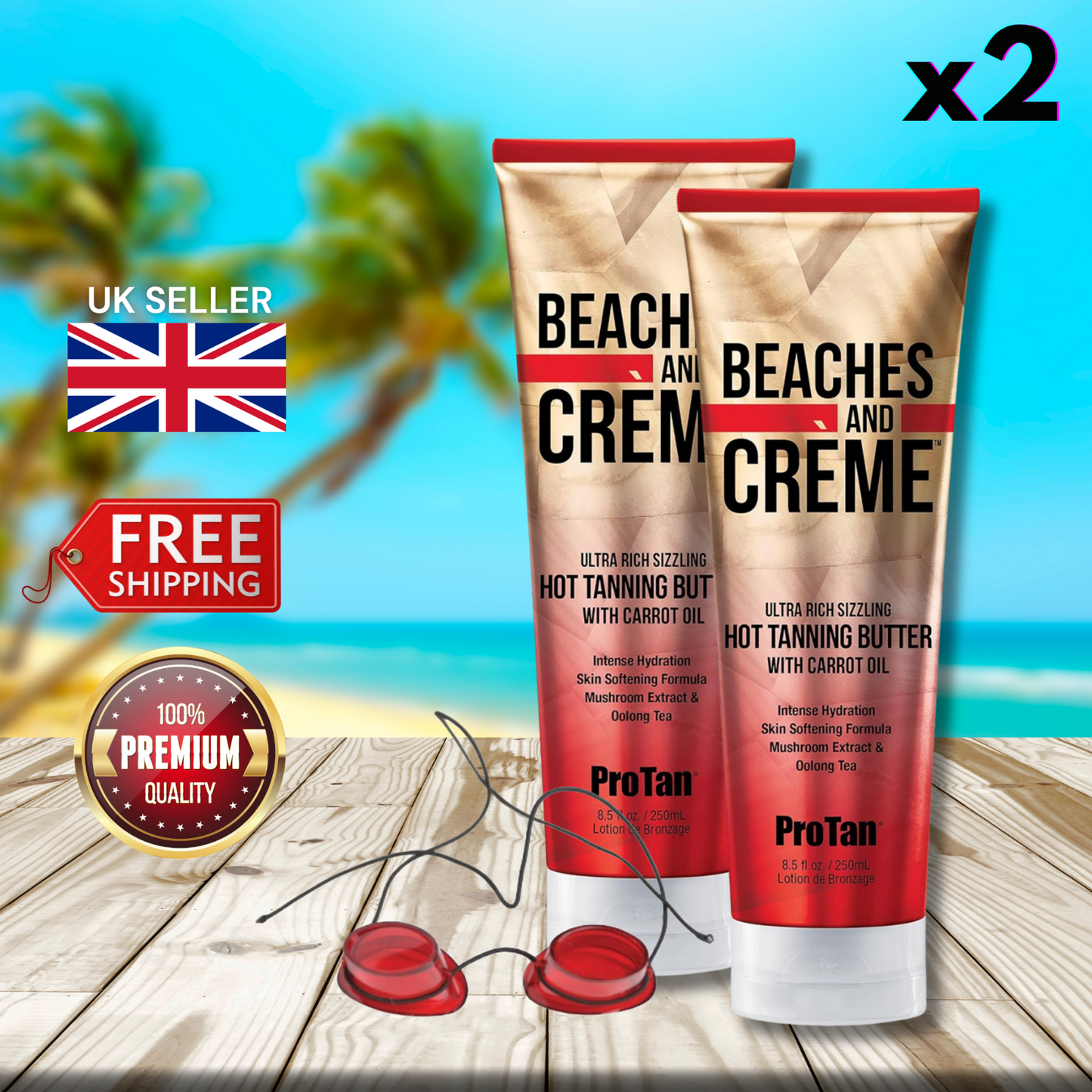 2 x Pro Tan Beaches and Creme Ultra Rich Sizzling Hot Tanning 250ml + Goggles