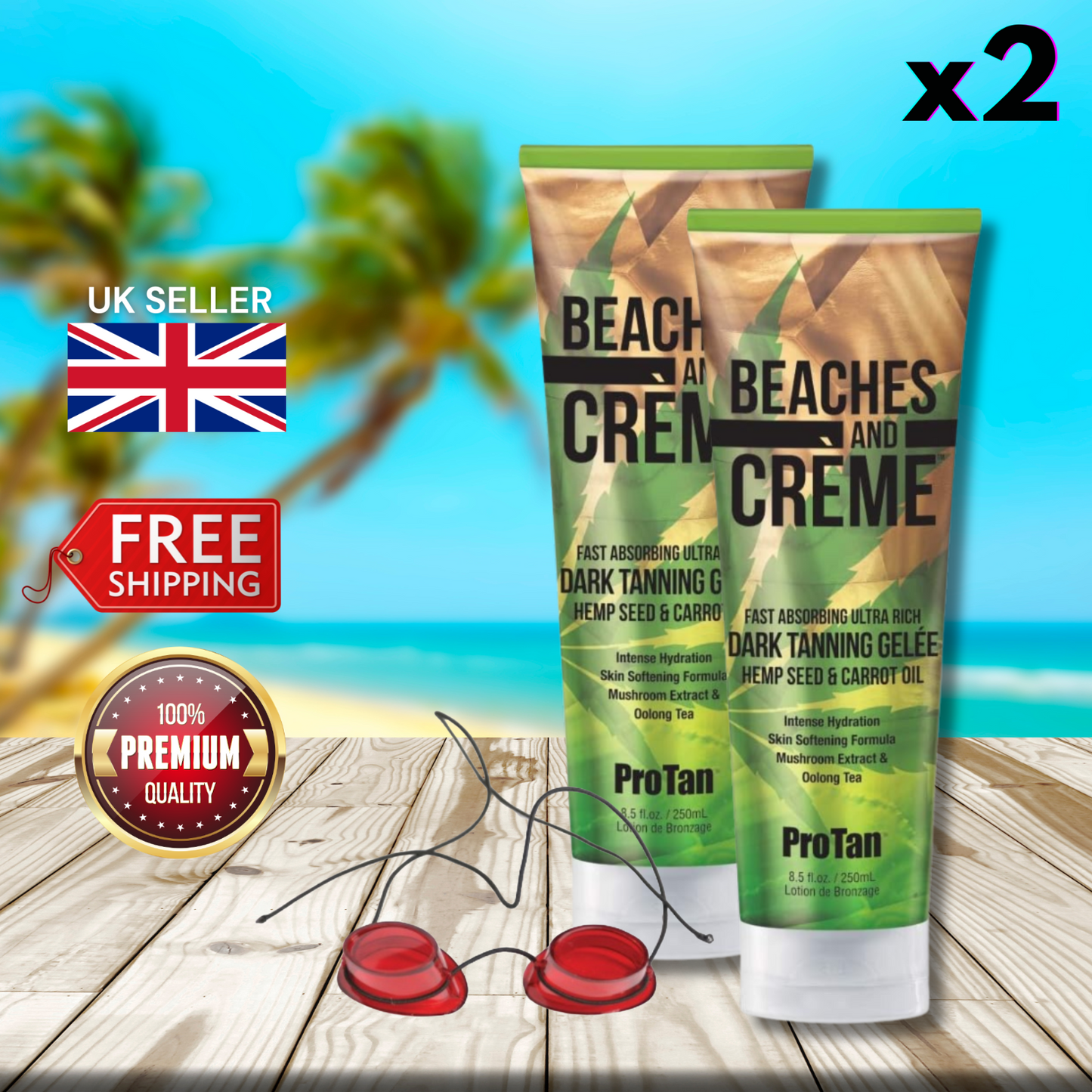 2 x Pro Tan Beaches and Creme Fast Absorbing Tanning Gelee 250ml + Goggles