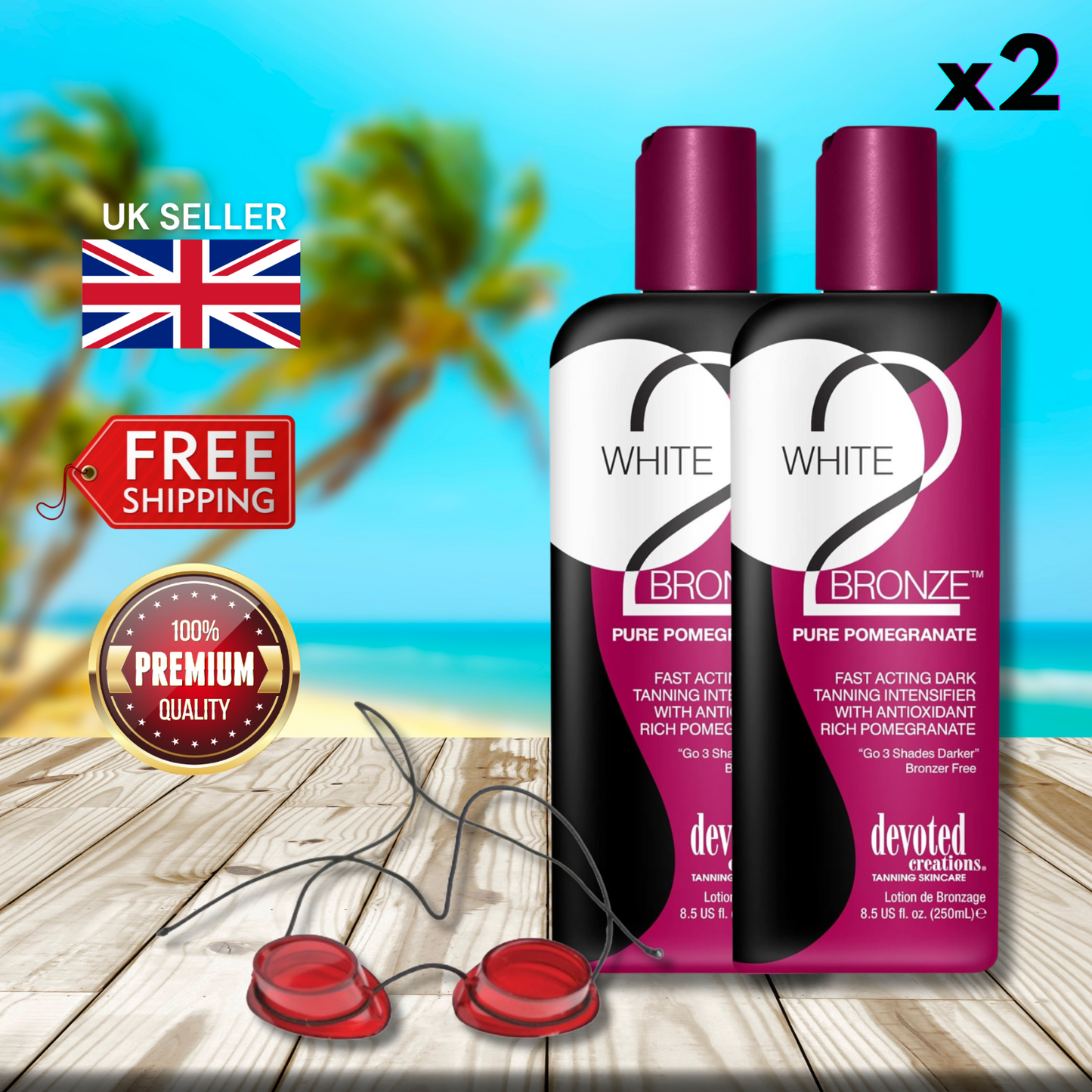 2 x Devoted Creations White 2 Bronze Pure Pomegranate 250ml + Sunbed Goggles