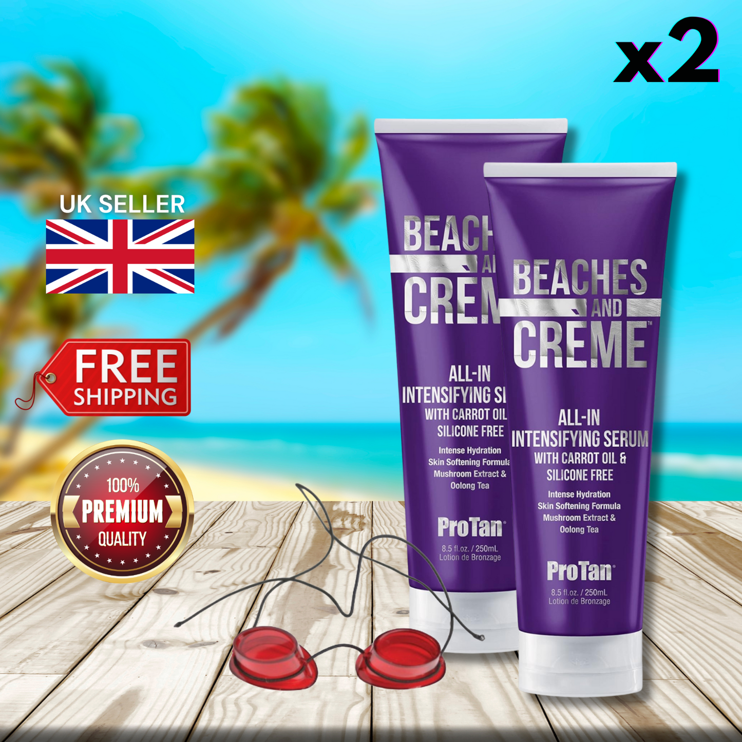 2 x Pro Tan Beaches and Creme All-In Intensifying Serum 250ml + Sunbed Goggles