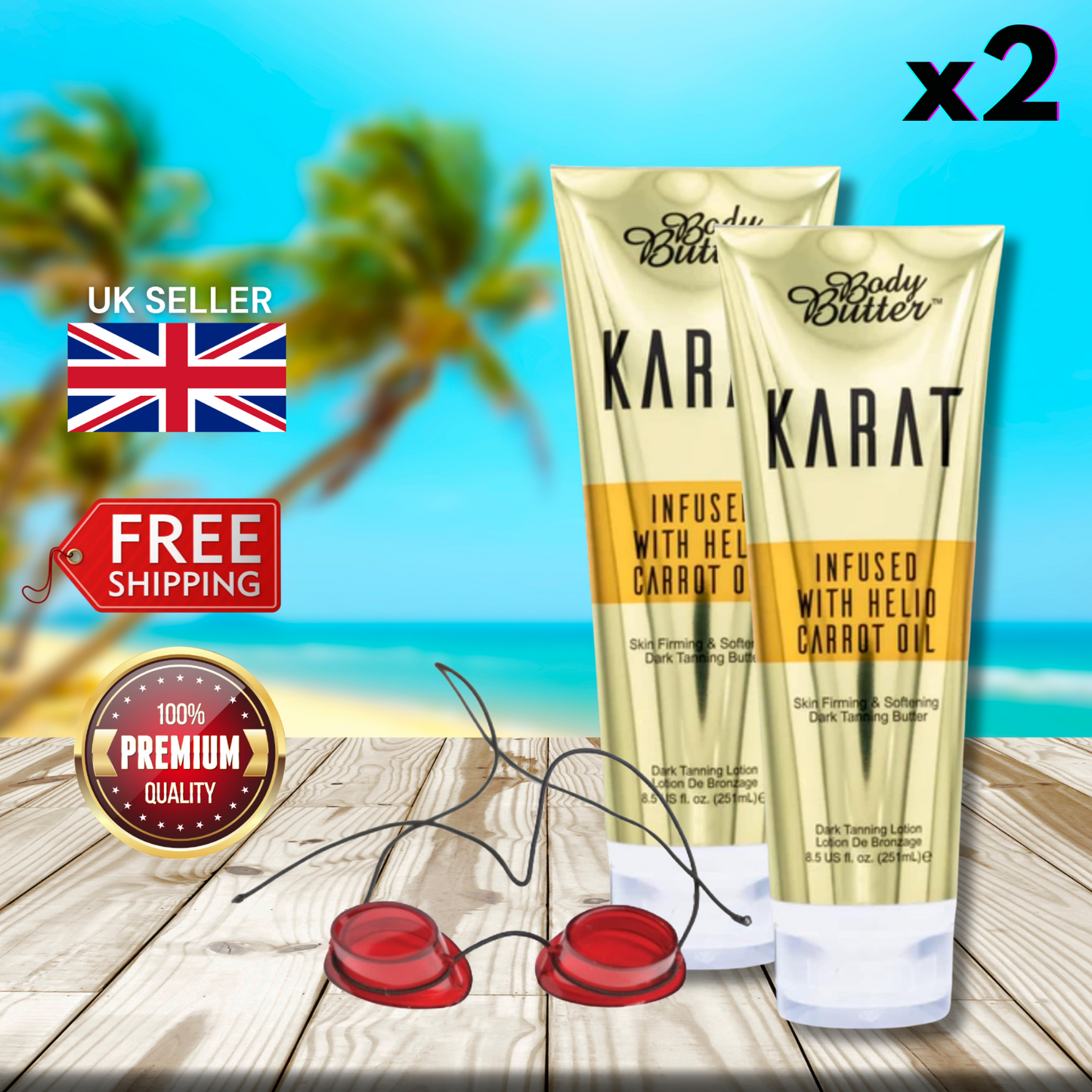 2 x Body Butter Karat Infused with Helio Carrot Oil 251ml with Sunbed Goggles