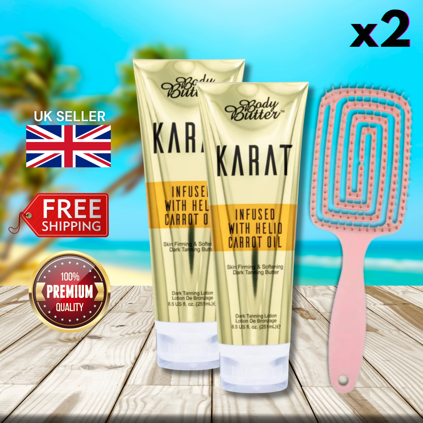 2 x Body Butter Karat Infused with Helio Carrot Oil 251ml + Hair Brush
