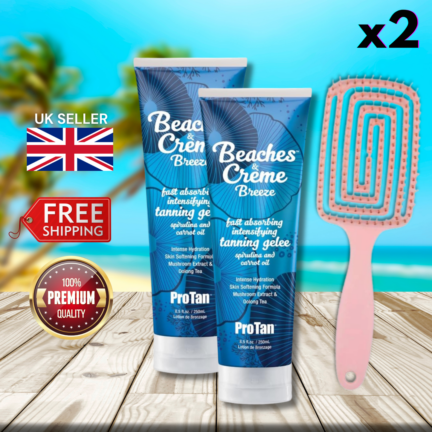 2 x Pro Tan Beaches and Creme Breeze Fast Absorbing Tanning 250ml + Hair Brush