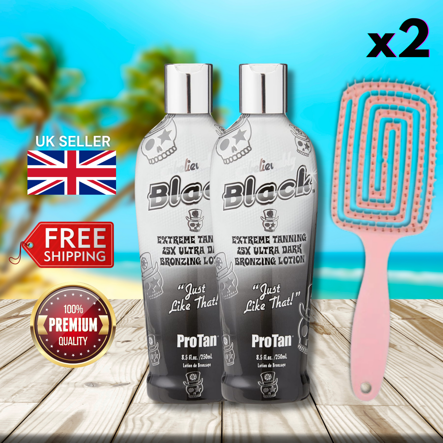2 x Pro Tan Unbelievably Black Tanning 25X Ultra Dark Bronzing + Hair Brush