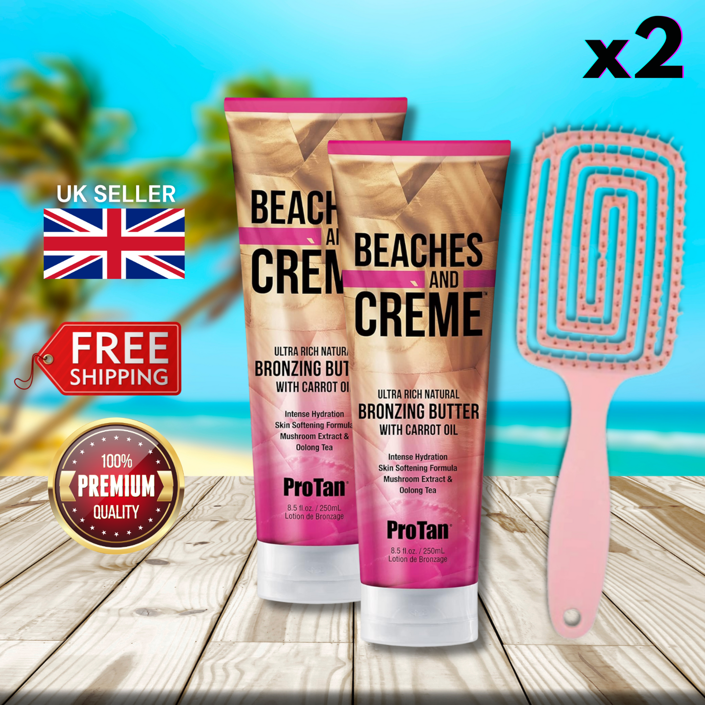 2 x Pro Tan Beaches and Creme Ultra Rich Natural Bronzing 250ml + Hair Brush