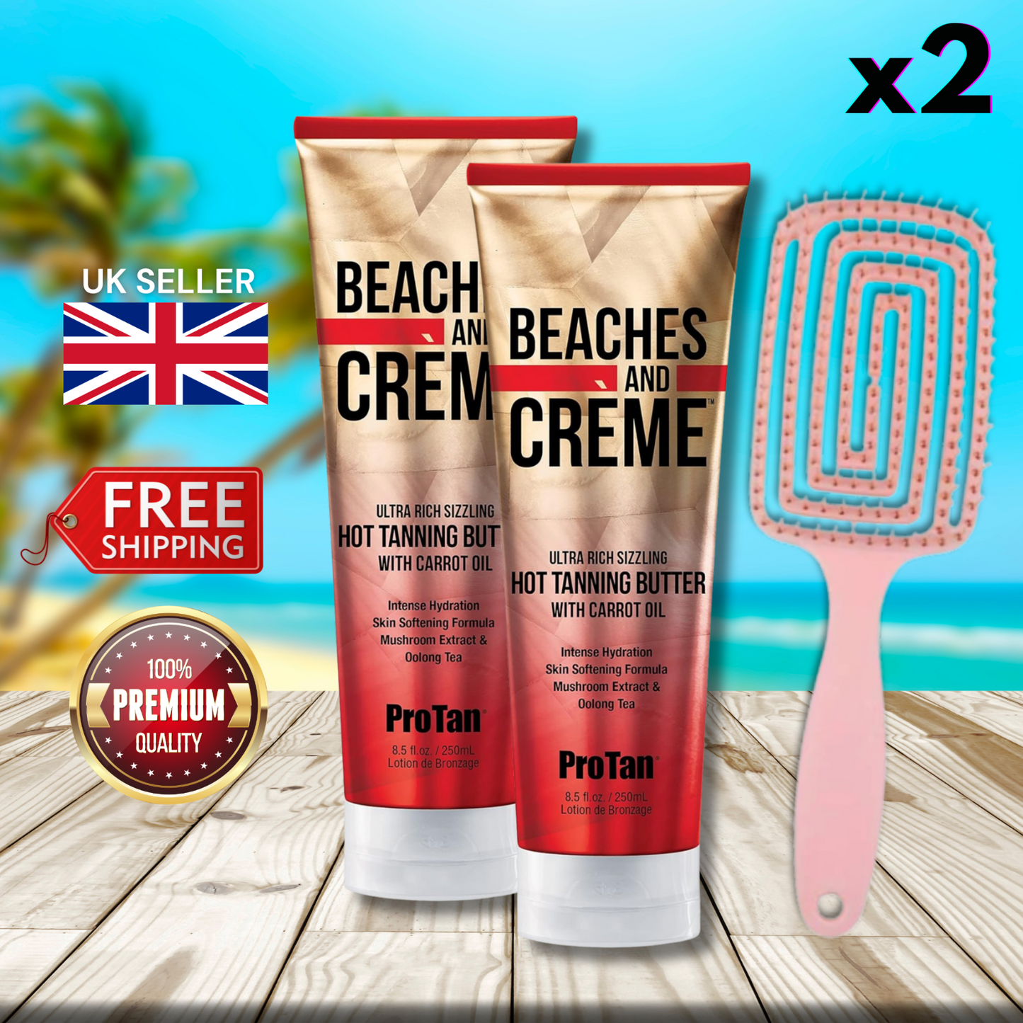 2 x Pro Tan Beaches and Creme Ultra Rich Sizzling Hot Tanning 250ml + Hair Brush