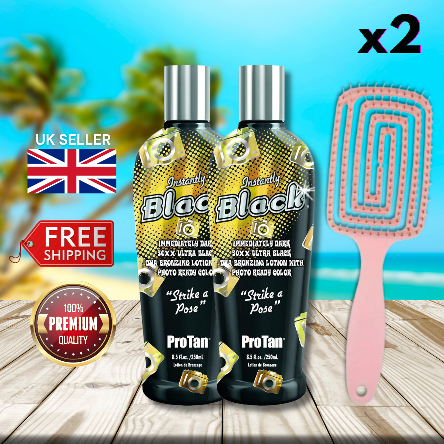 2 x Pro Tan Instantly Black 50XX Ultra Black Bronzing Lotion 250ml + Hair Brush