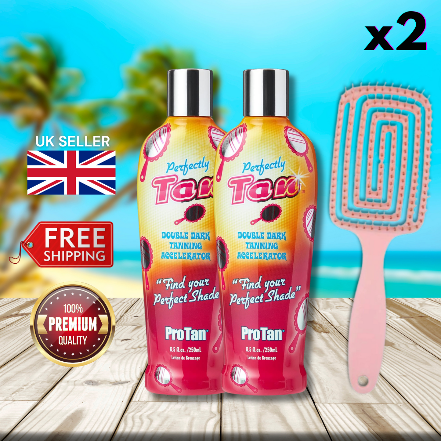2 x Pro Tan Perfectly Tan Tanning Accelerator 250ml + Detangling Hair Brush