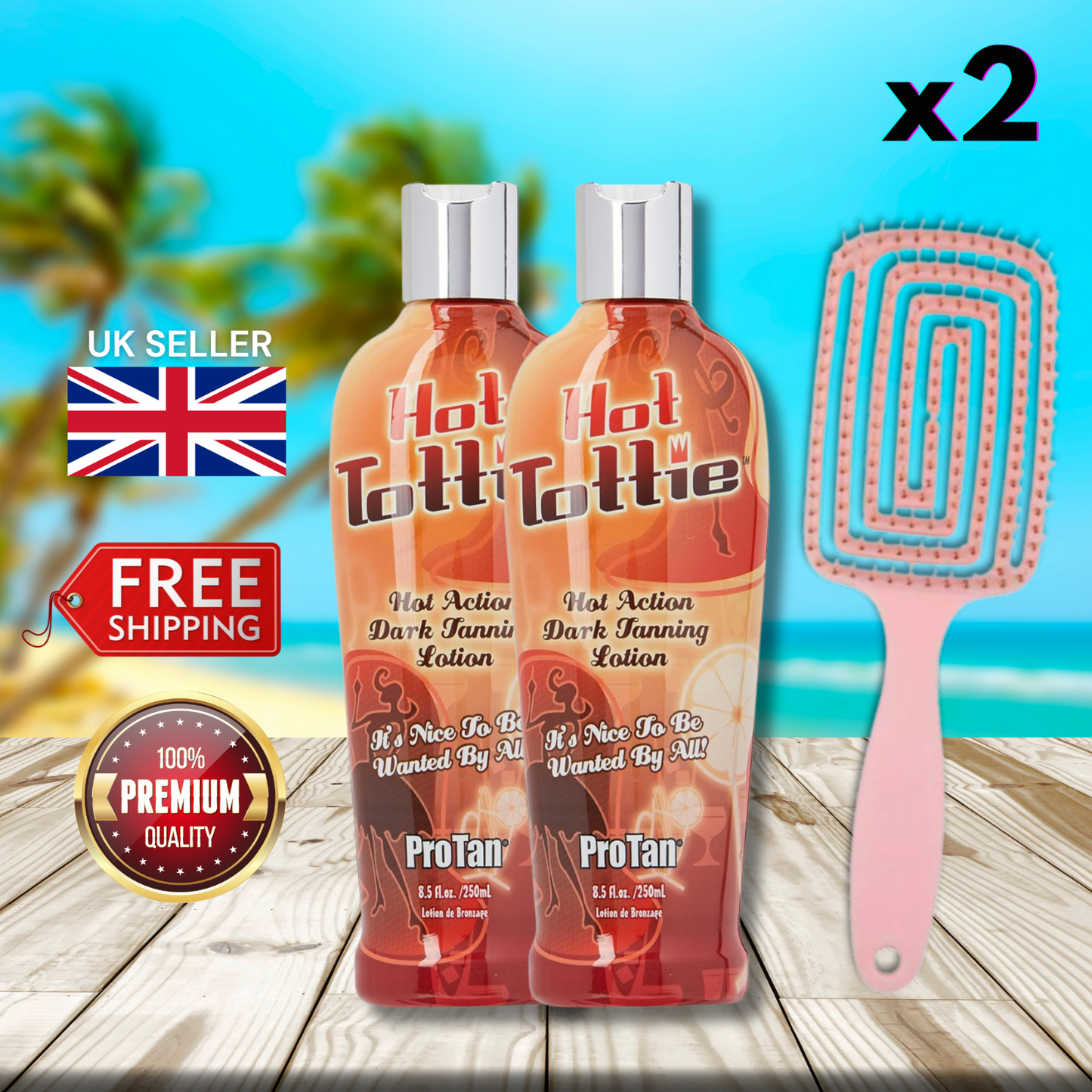 2 x Pro Tan Hot Tottie Hot Action Dark Tanning Lotion 250ml + Hair Brush