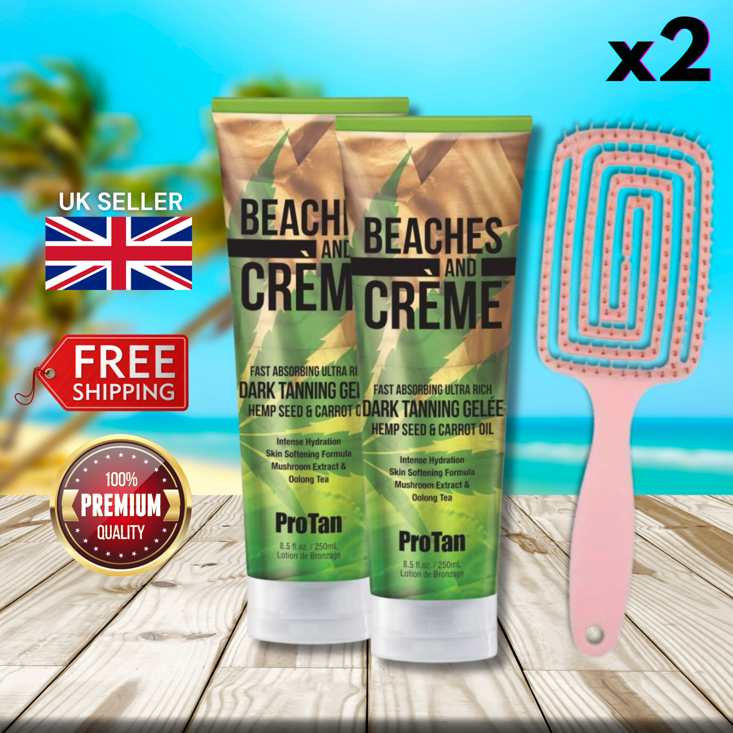2 x Pro Tan Beaches and Creme Ultra Rich Dark Tanning Gelee 250ml + Hair Brush