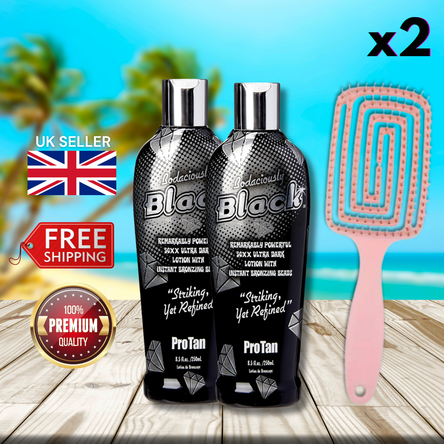 2 x Pro Tan Black Bodaciously 50XX Ultra Dark Sunbed Lotion 250 ml + Hair Brush