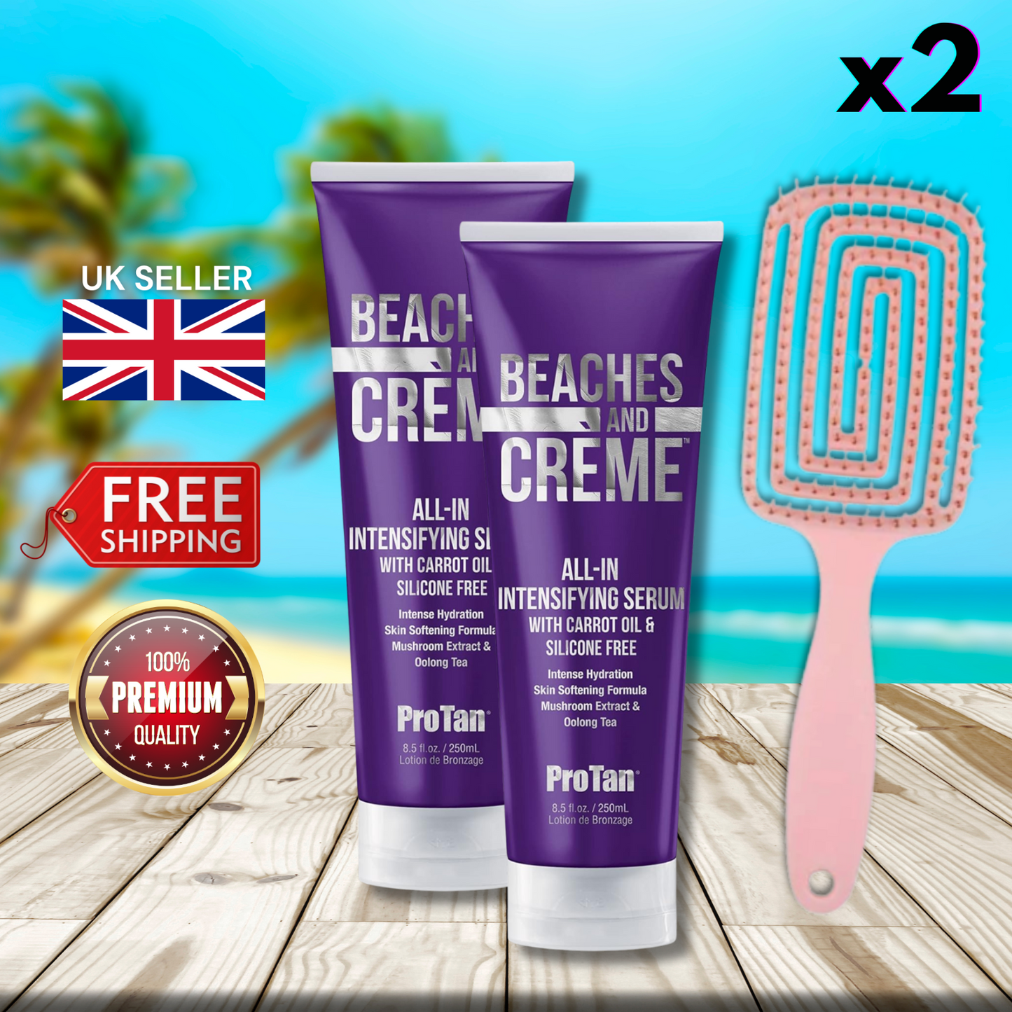 2 x Pro Tan Beaches and Creme All-In Intensifying Serum 250ml + Hair Brush