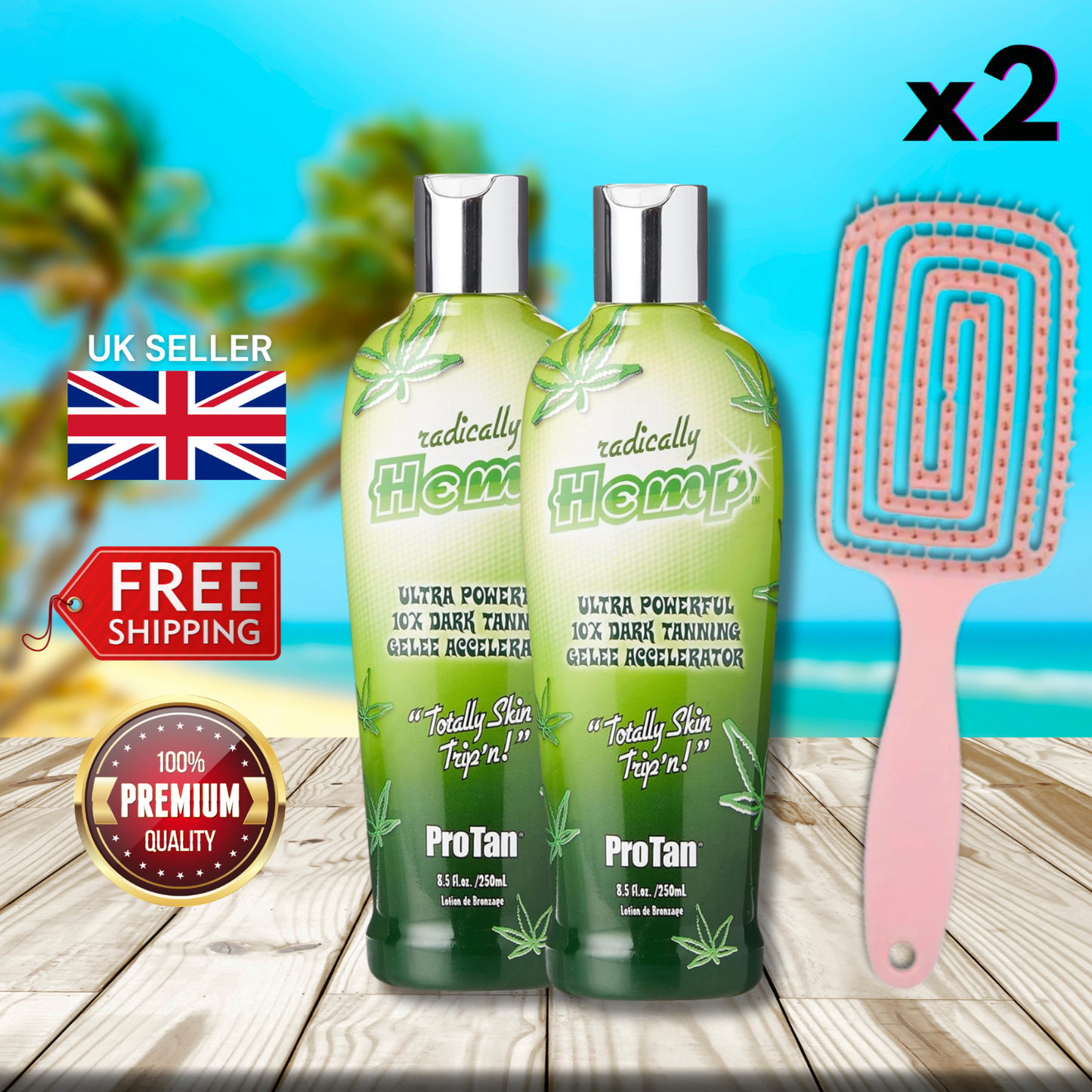 2 x Pro Tan Radically Hemp Dark Tanning Gelee Accelerator Lotion + Hair Brush