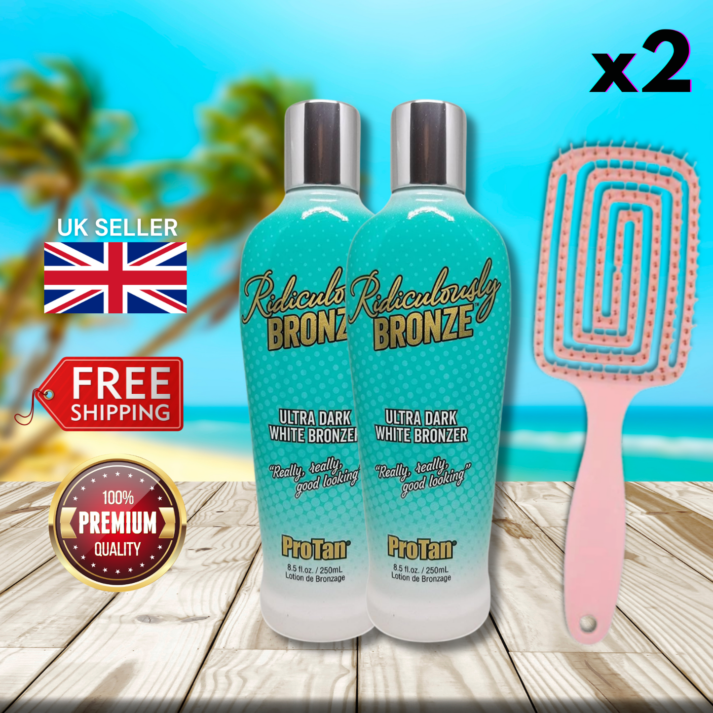 2 x ProTan Ridiculously Bronze Ultra Dark White Bronzer 250ml + Hair Brush