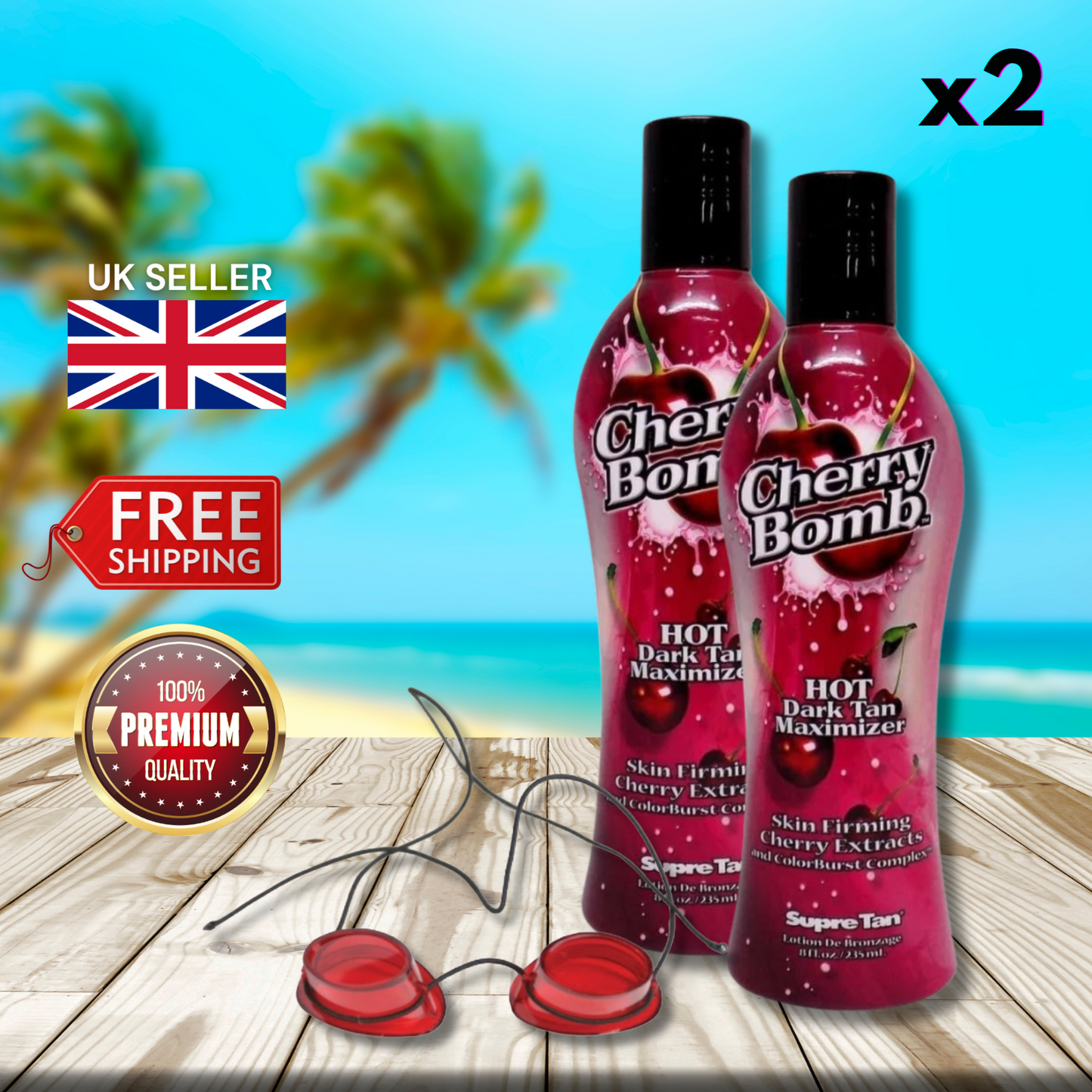 2 x Supre Tan Cherry Bomb 235ml + Sunbed Goggles - Cherry On Fire!
