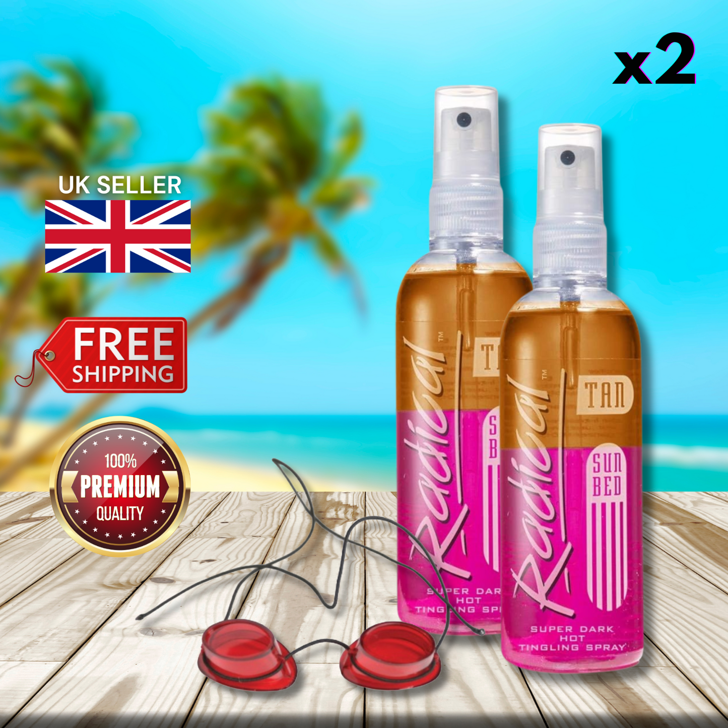 2 x Radical Tan Super Dark Hot Tingling Spray 165ml + Sunbed Goggles
