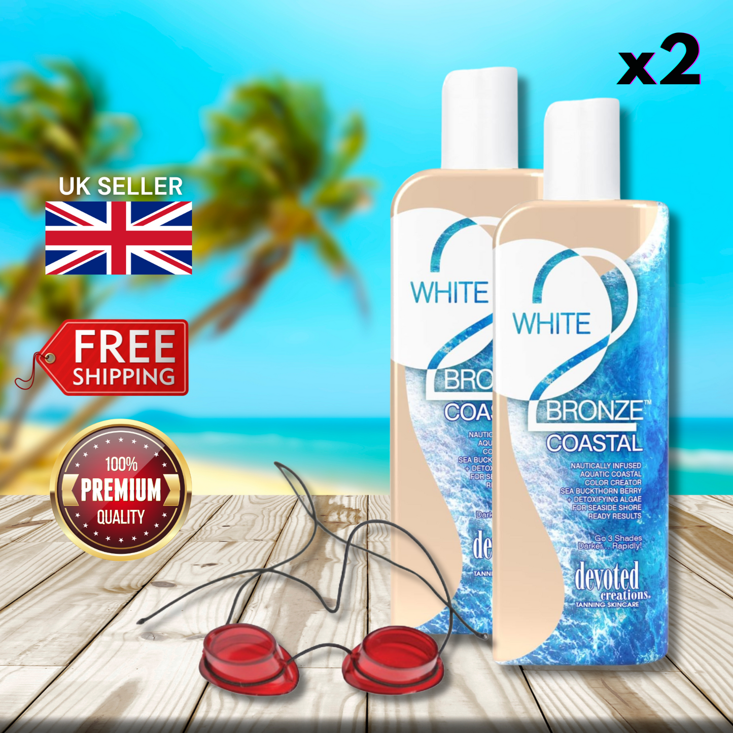 2 x Devoted Creations White 2 Bronze Coastal 251ml + Sunbed Goggles