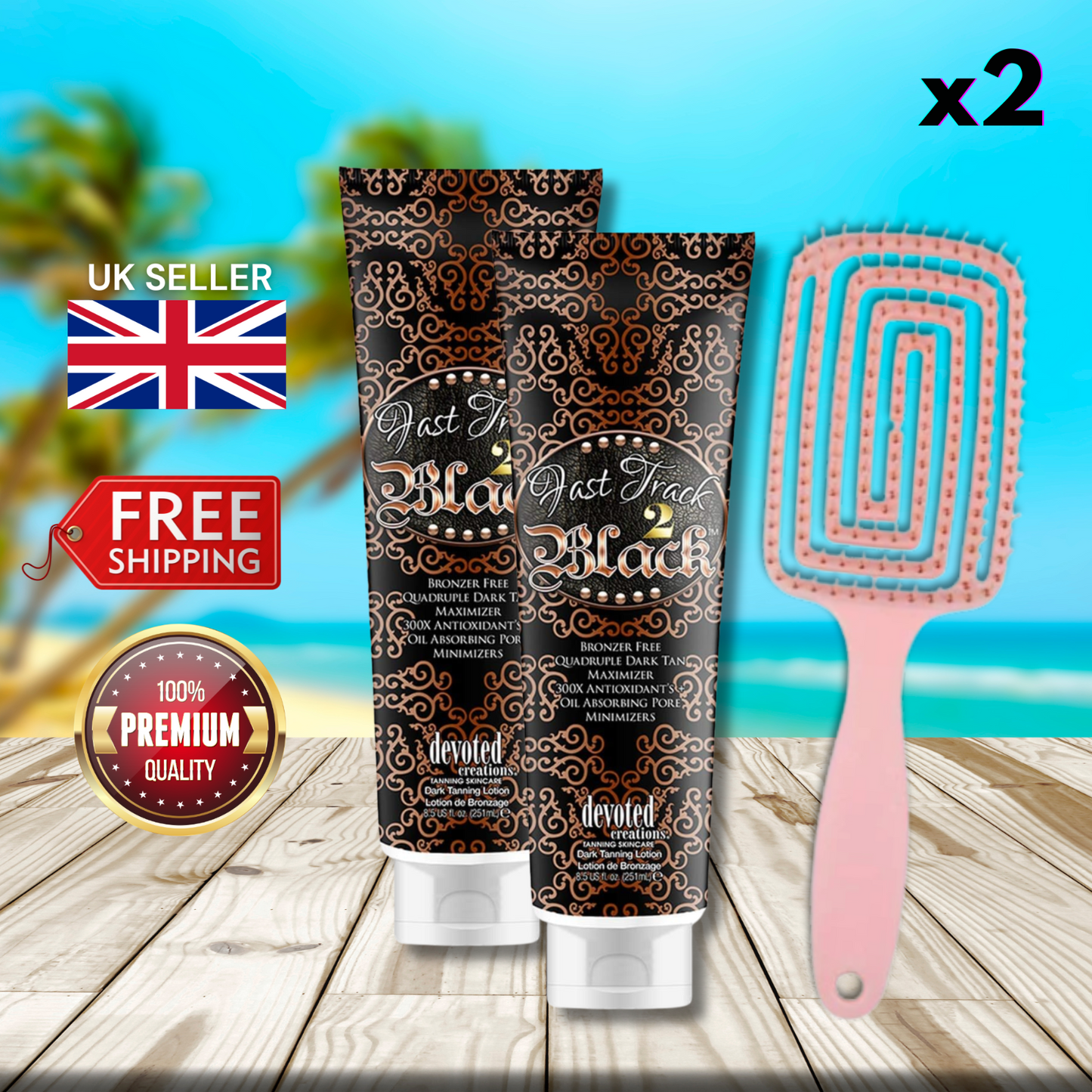 2 x Devoted Creations Fast Track 2 Black 251ml + Hair Brush - Boost Your Bronze!