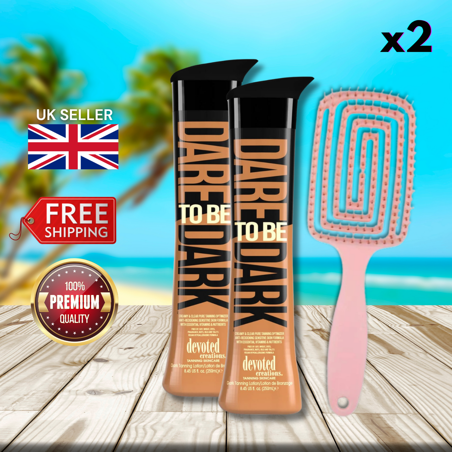 2 x Devoted Creations Dare To Be Dark 250ml + Hair Brush - Boldest Tan Yet!