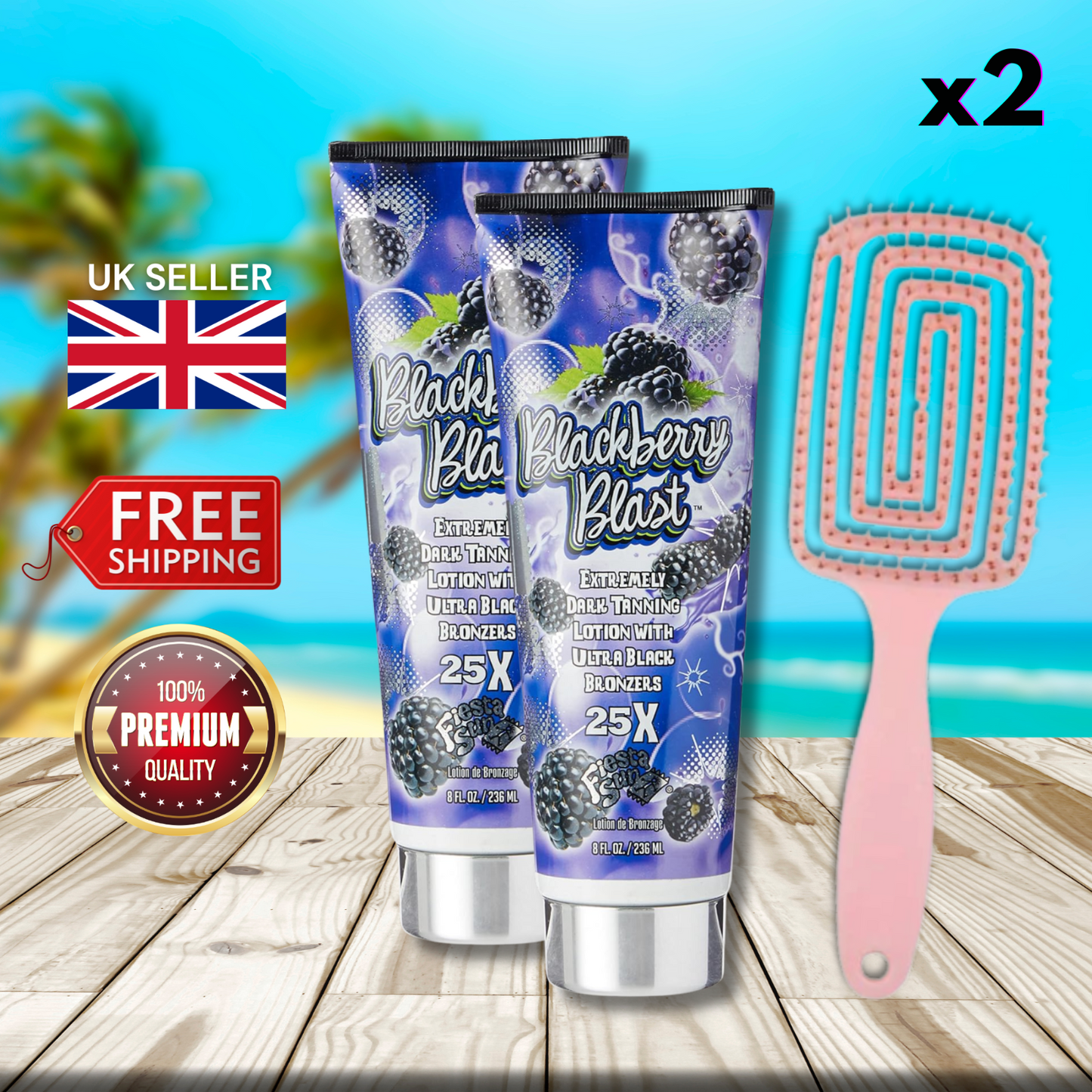 2 x Fiesta Sun Blackberry Blast 236ml + Hair Brush - Extremely Dark Tanning!