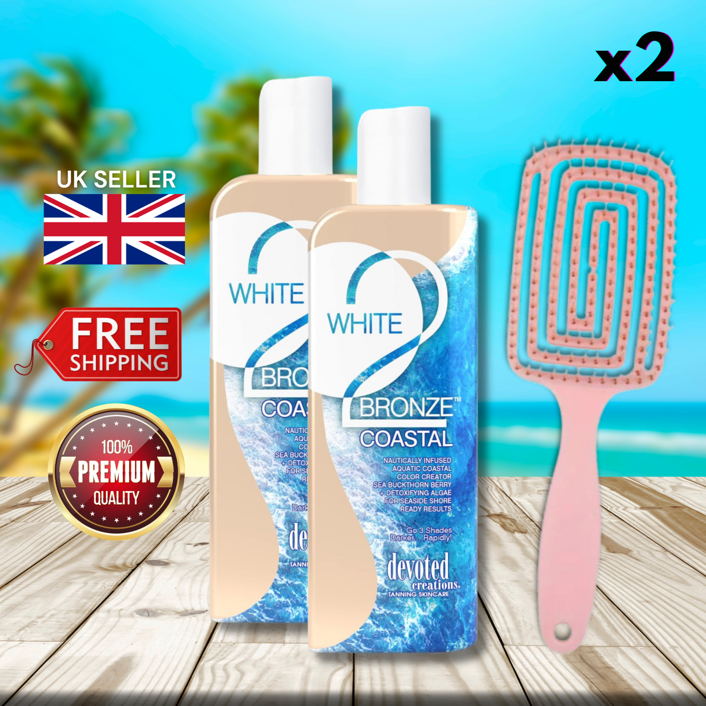 2 x Devoted Creations White 2 Bronze Coastal 251ml + Hair Brush Bundle