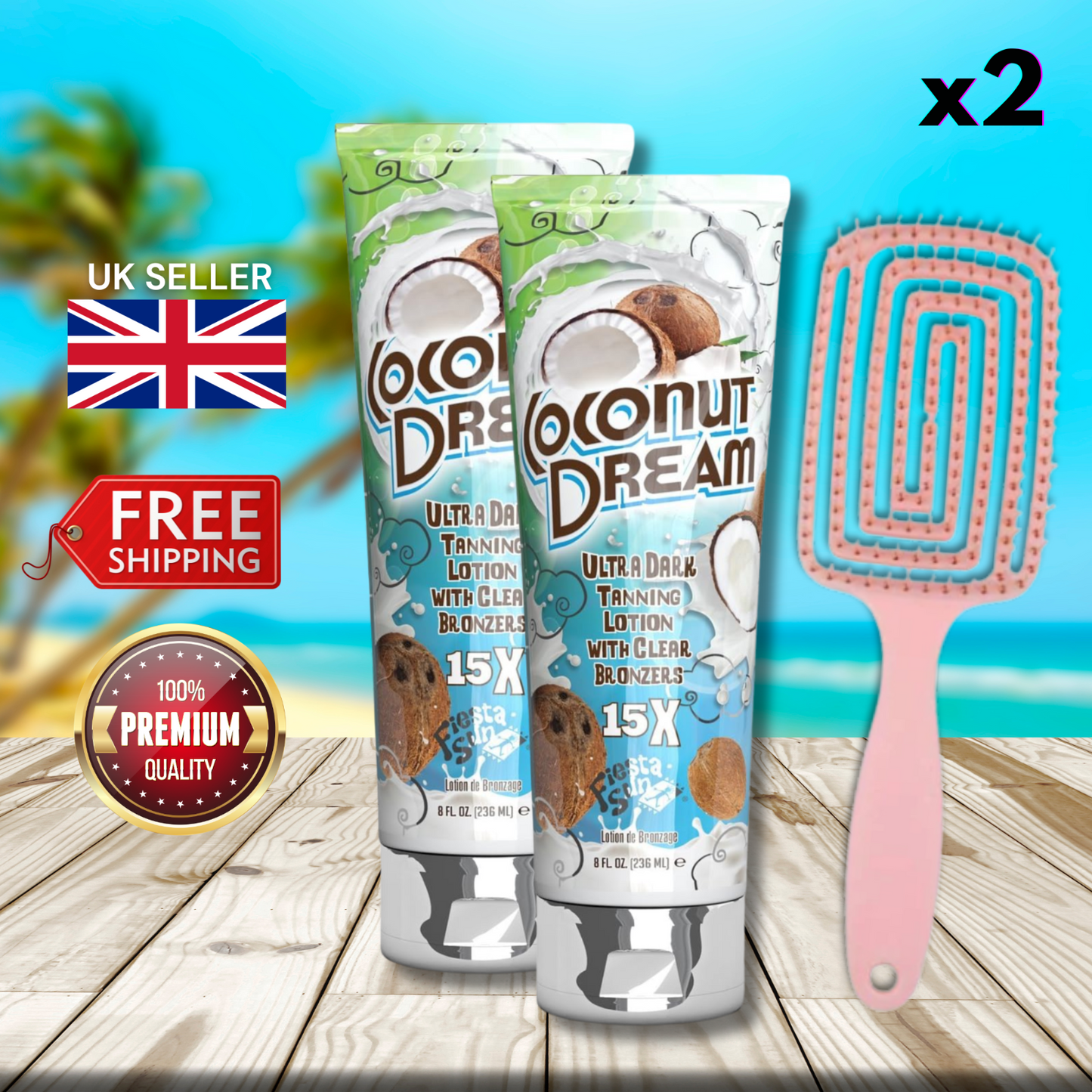 2 x Fiesta Sun Coconut Dream 236ml + Hair Brush - Ultra Dark Tanning Lotion!