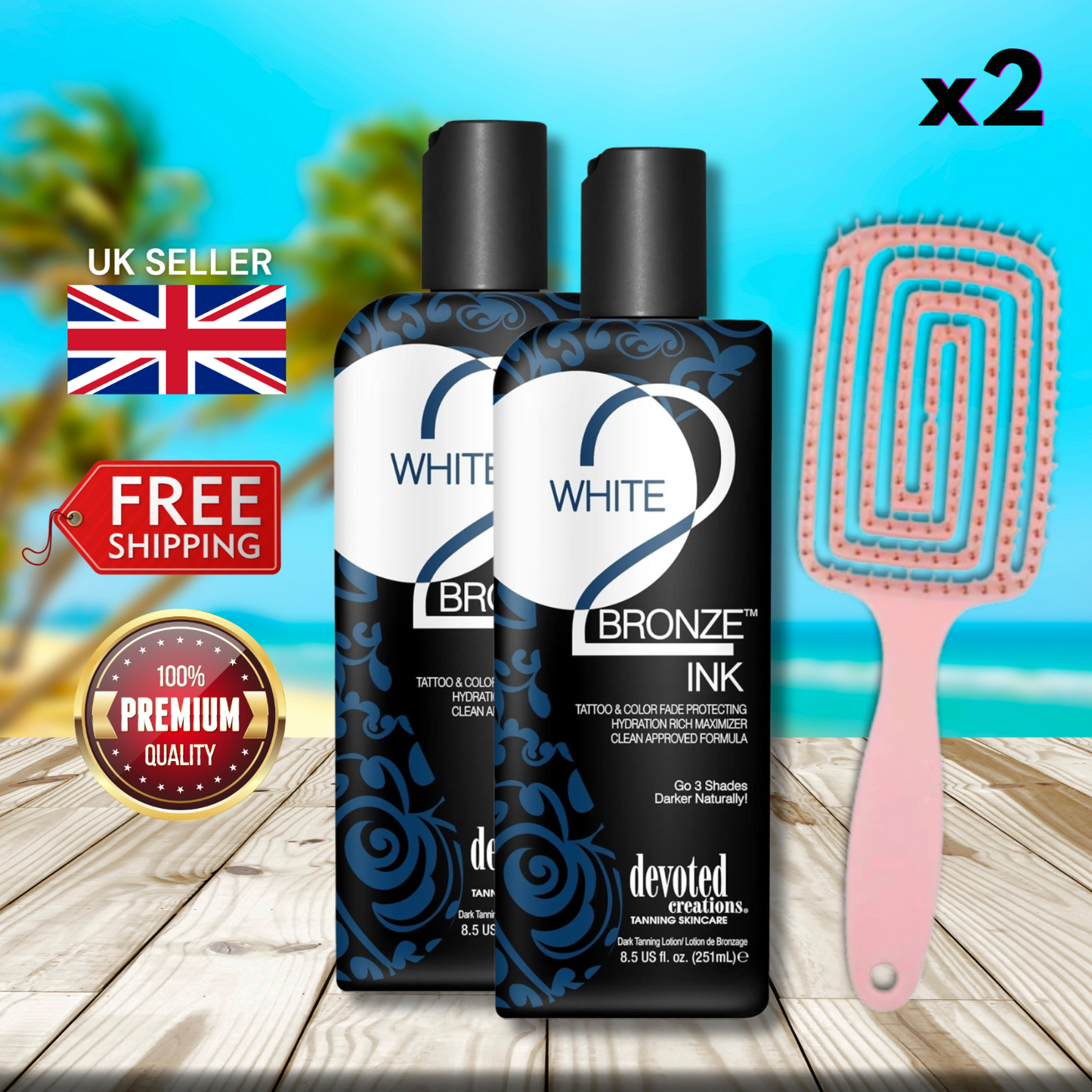 2 x Devoted Creations White 2 Black Ink Tanning Lotion 251ml + Hair Brush