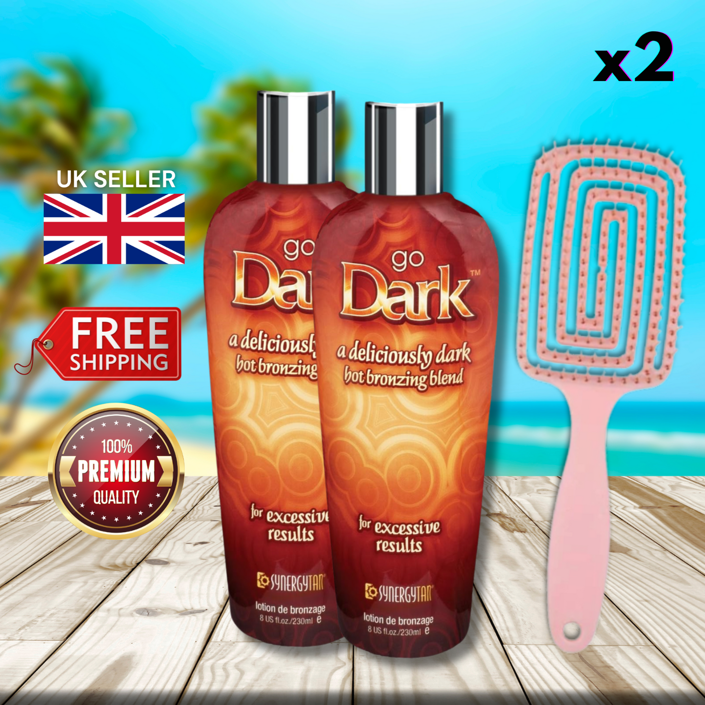 2 x Synergy Tan Go Dark 230ml + Hair Brush - Flawless Bronze!