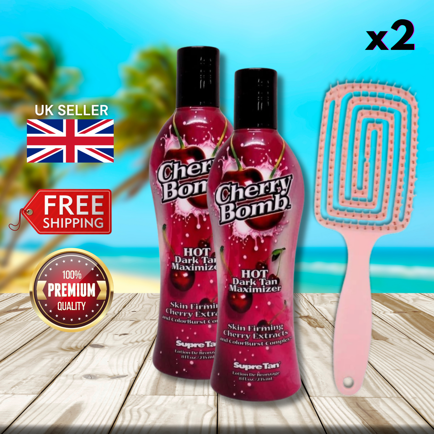 2 x Supre Tan Cherry Bomb 235ml + Hair Brush - Hot Tingle Dark Tanning Lotion!