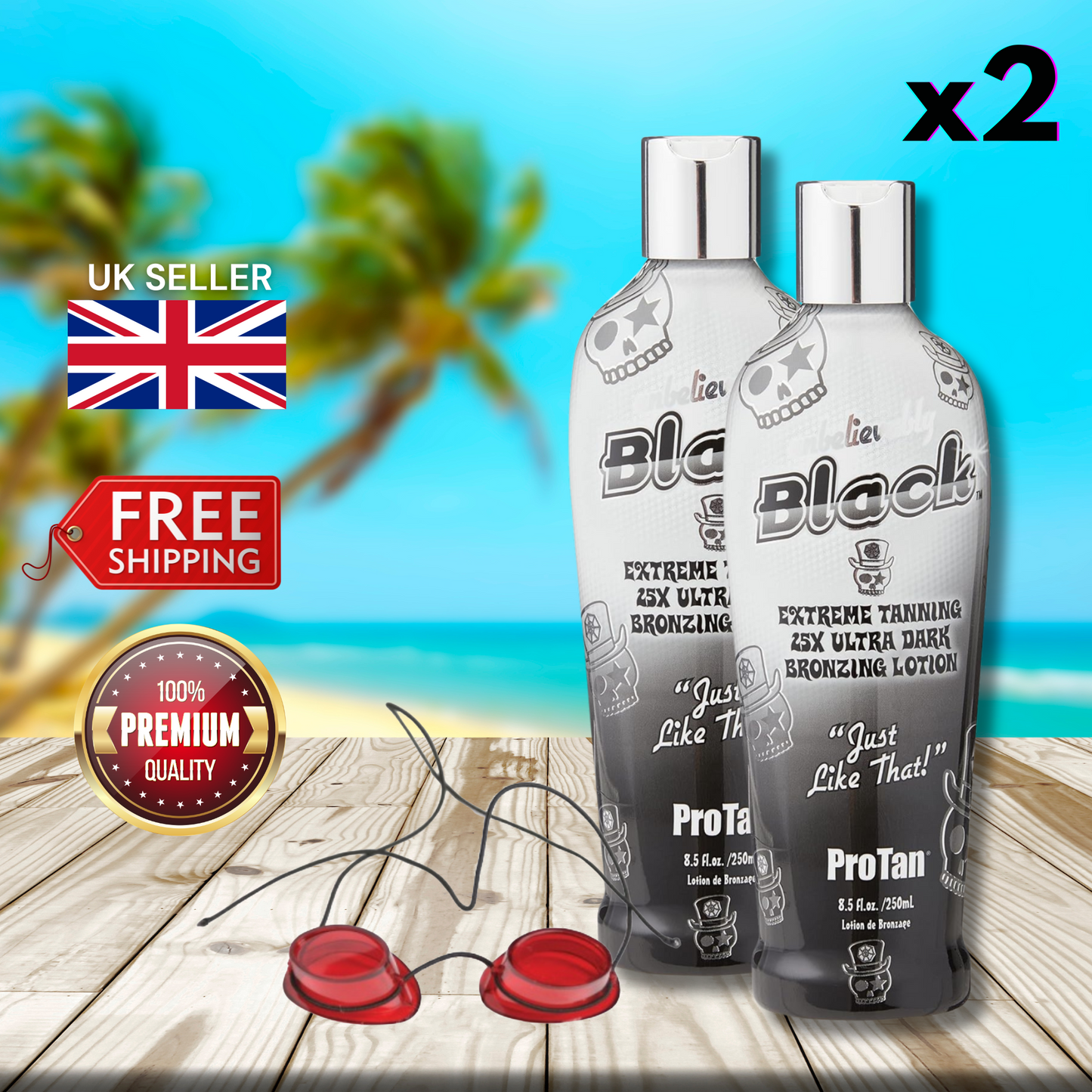2 x Pro Tan Unbelievably Black 25X Ultra Dark Bronzing Lotion 250ml + Goggles