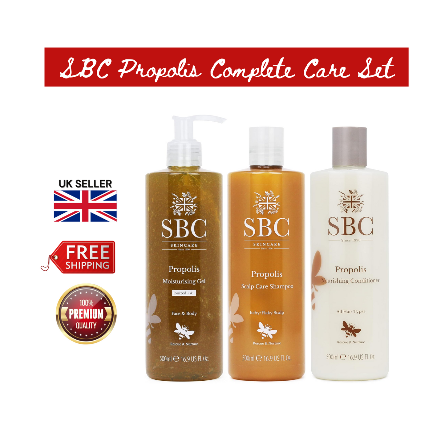 SBC Propolis Shampoo, Conditioner & Moisturising Gel 500ml – Hair & Skincare Set