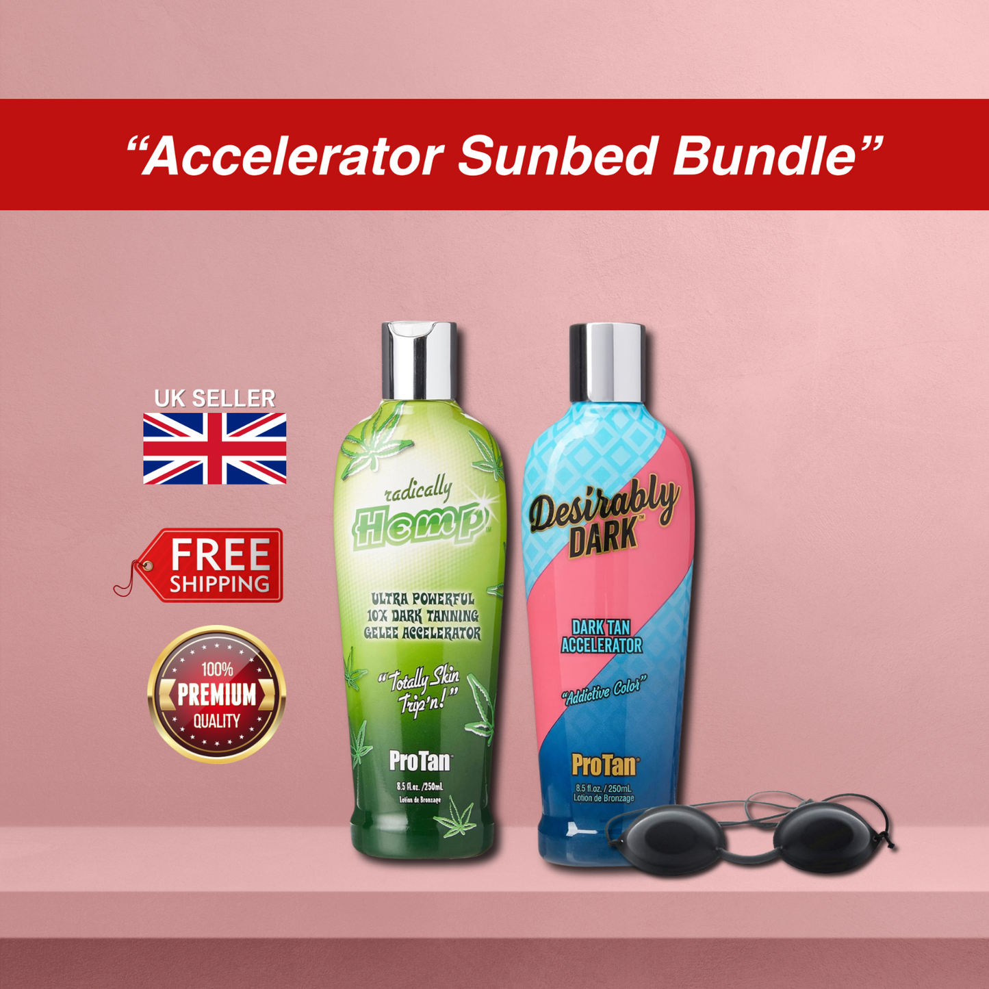 Pro Tan Radically Hemp with Desirably Dark 250ml + Sunbed Goggles Set