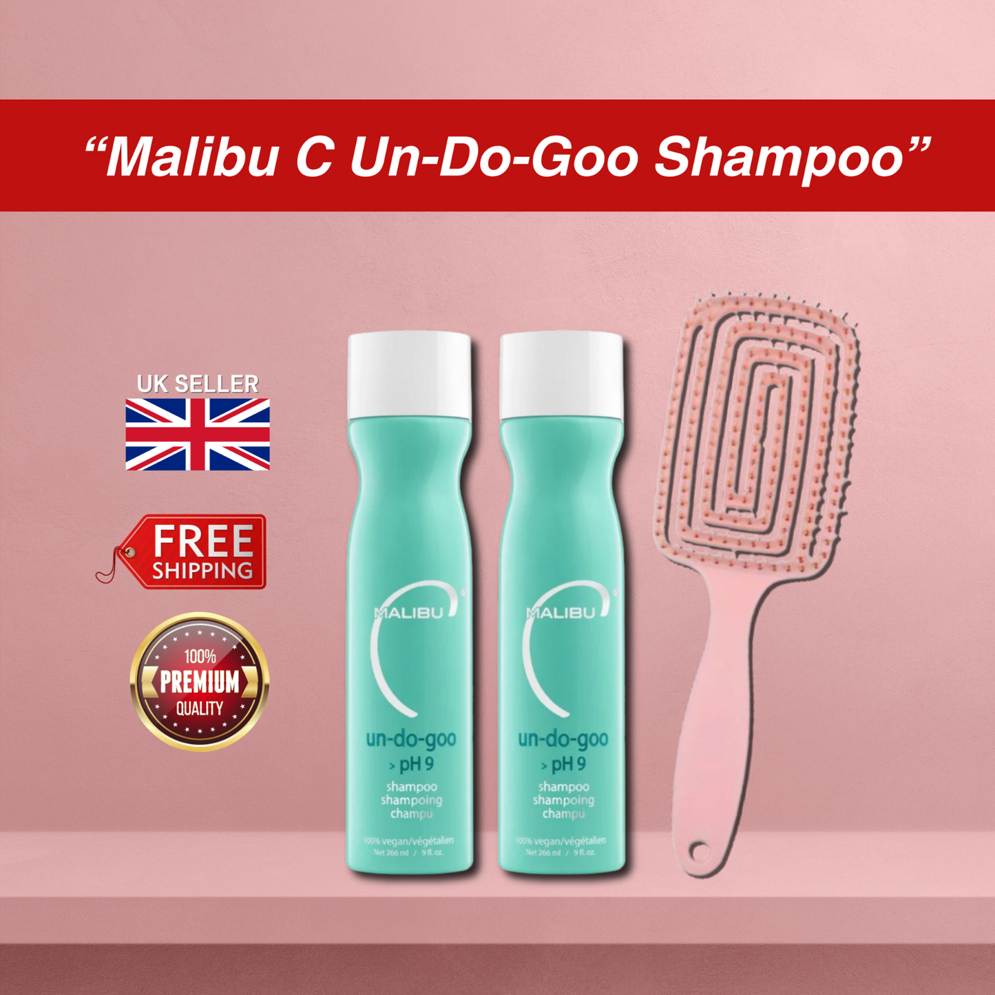 2x Malibu C Un-Do-Goo Shampoo 266ml + Detangling Hair Brush Bundle