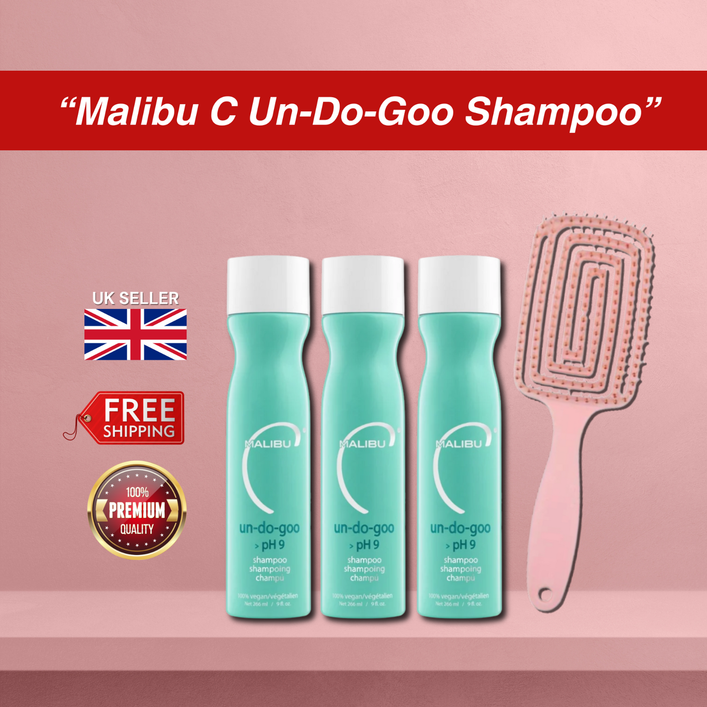 3x Malibu C Un-Do-Goo Shampoo 266ml + Detangling Hair Brush Bundle